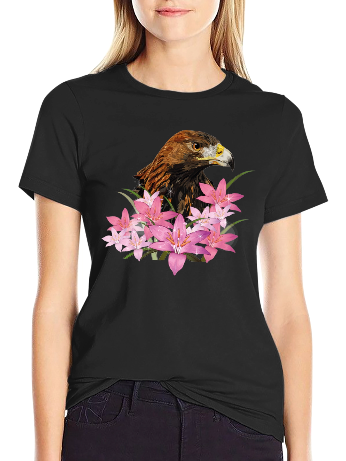 Eagle and Floral Print Black T-Shirt