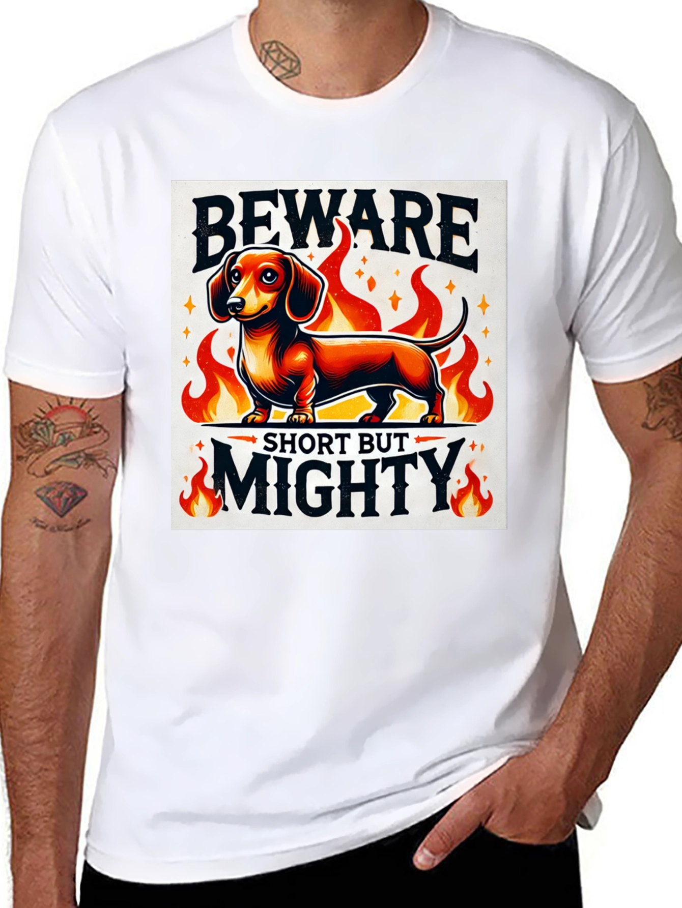 Beware Short But Mighty Dachshund Graphic Tee