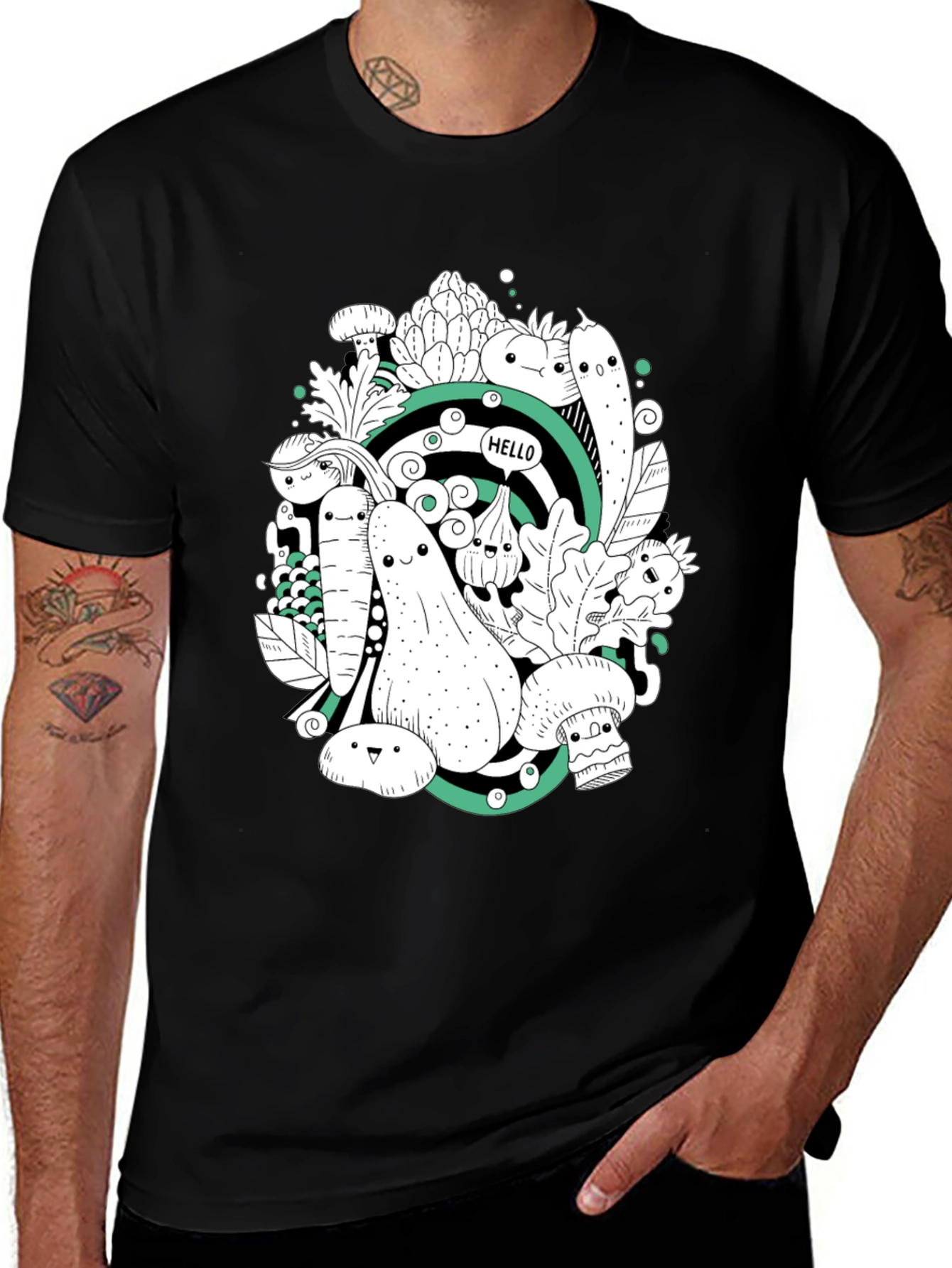 Vegetable Cartoon Graphic Print Black T-Shirt