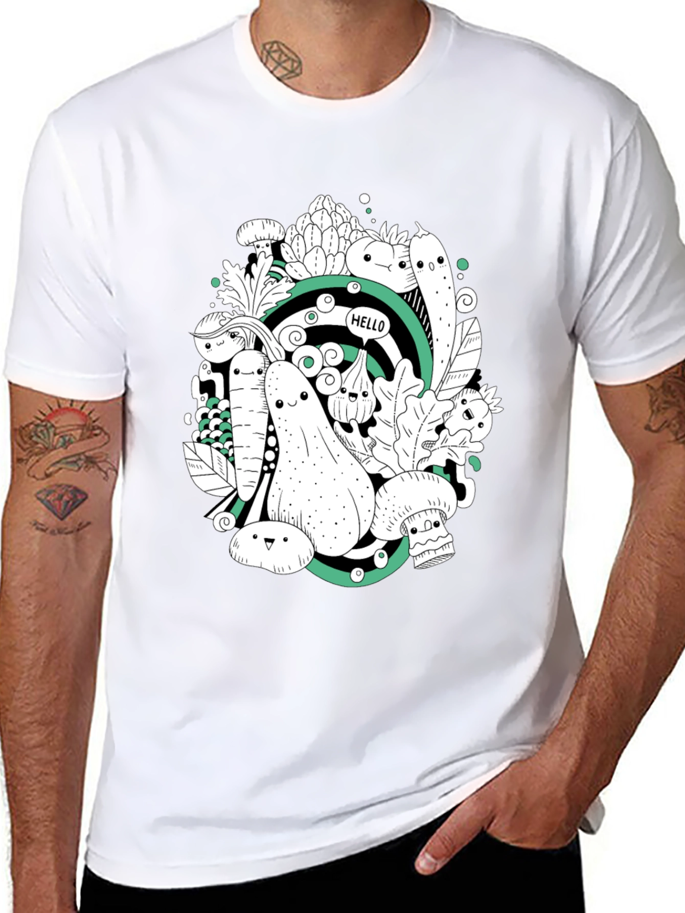 Vegetable Cartoon Graphic Print Black T-Shirt