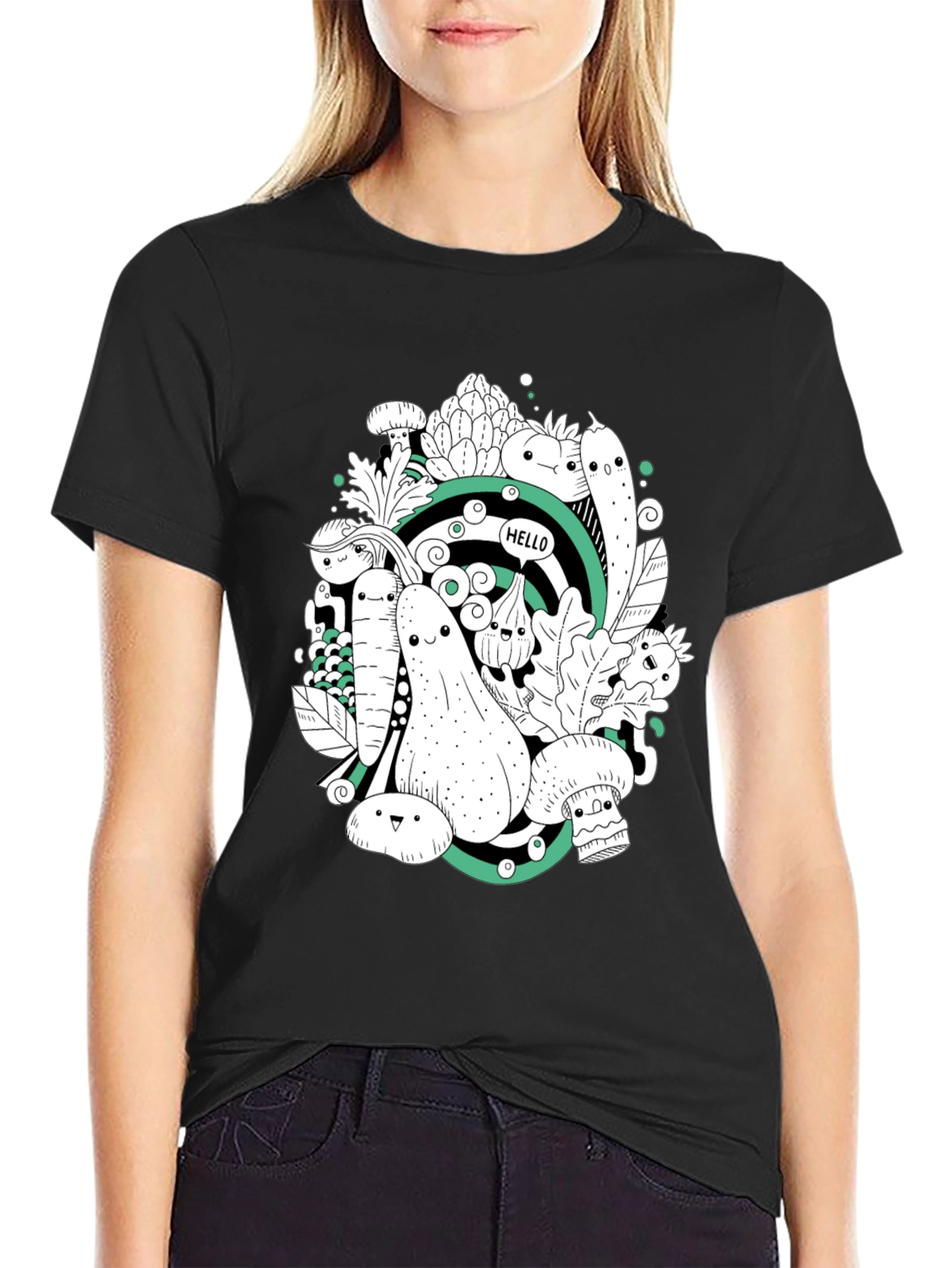 Vegetable Cartoon Graphic Print Black T-Shirt