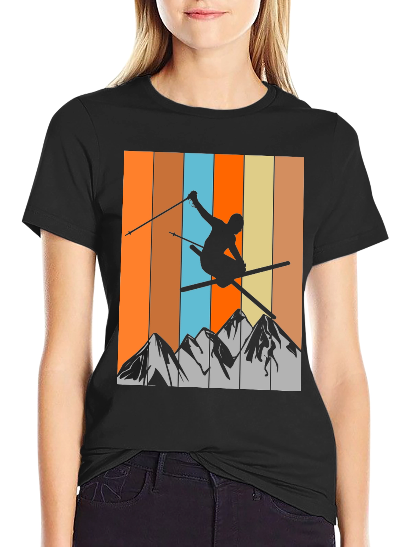 Retro Skiing T-Shirt - Mountain Silhouette Tee