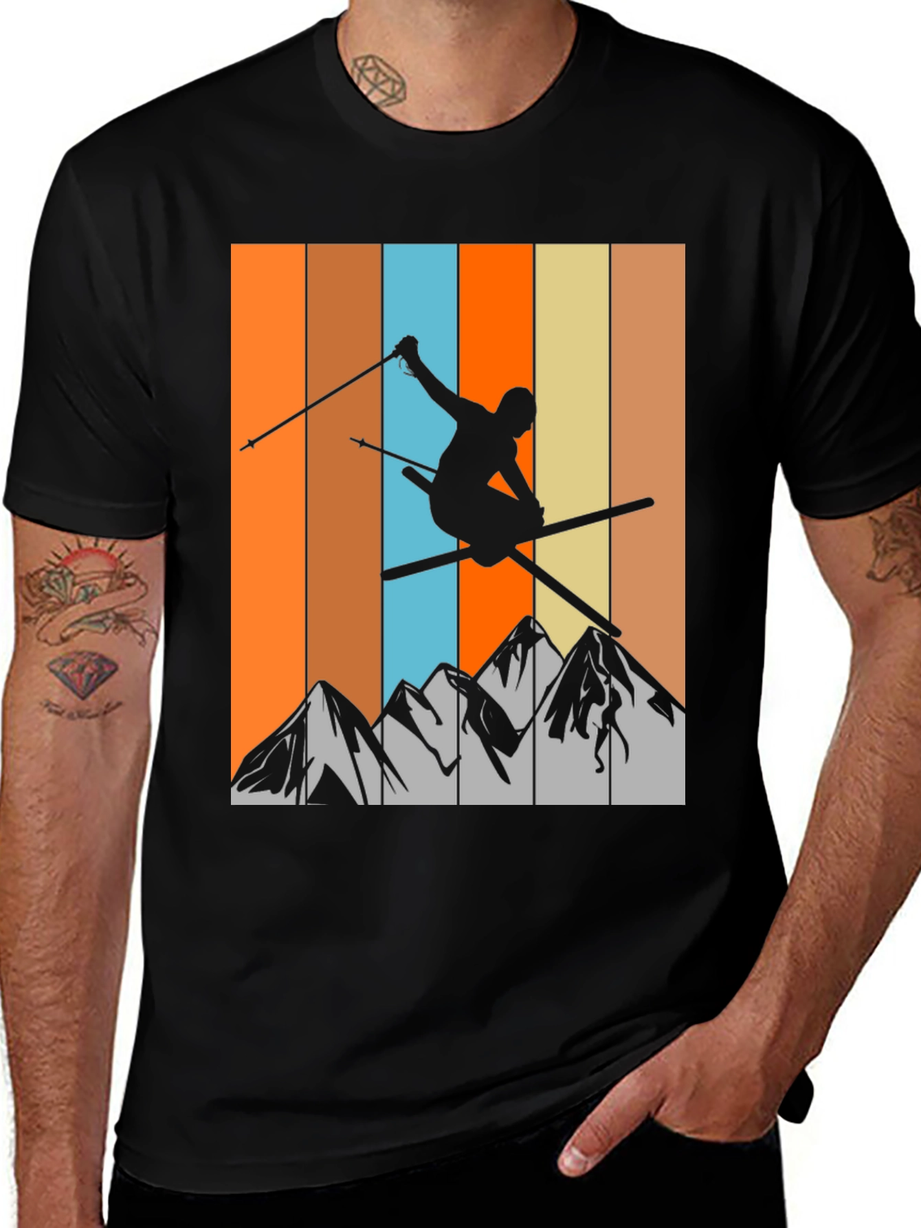 Retro Skiing T-Shirt - Mountain Silhouette Tee
