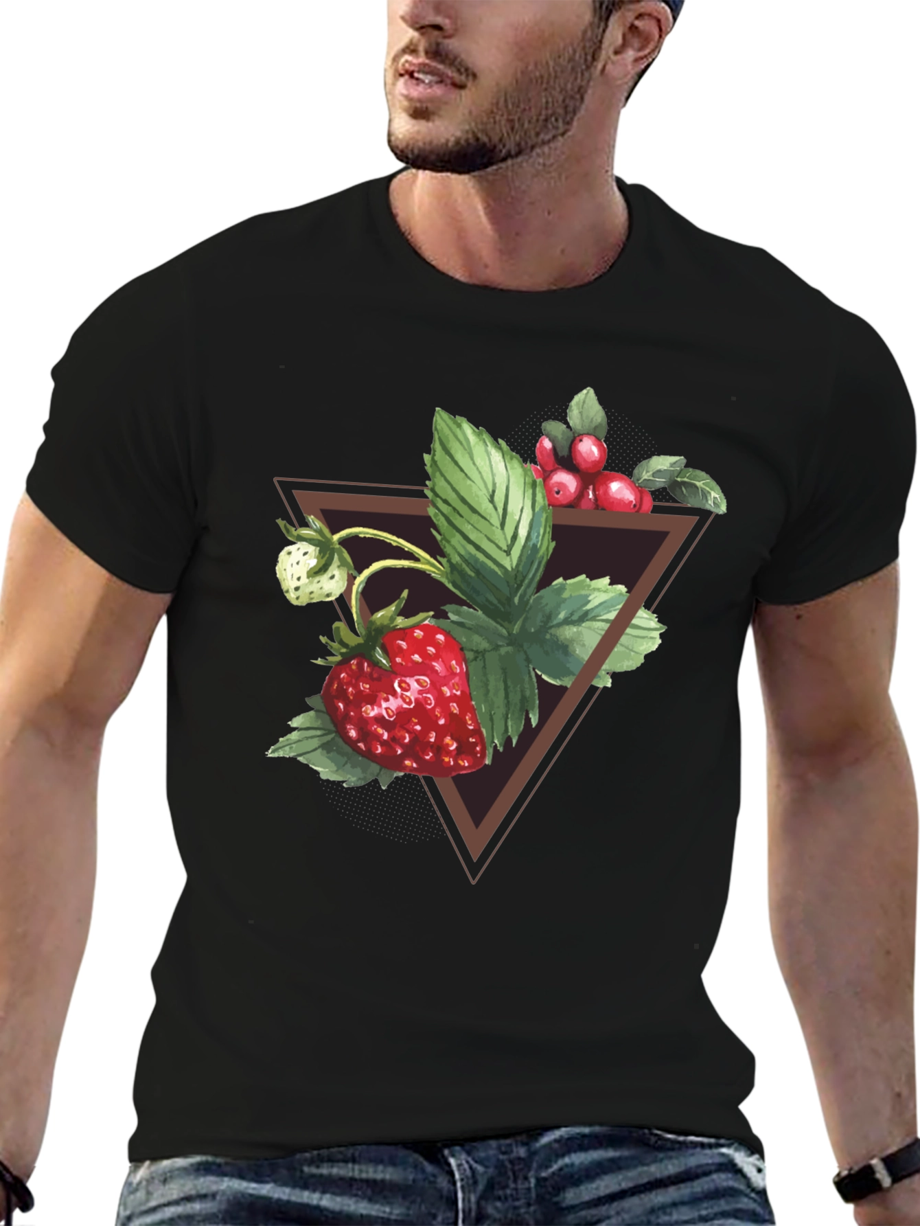 Strawberry Triangle Graphic Tee - Soft Black Cotton