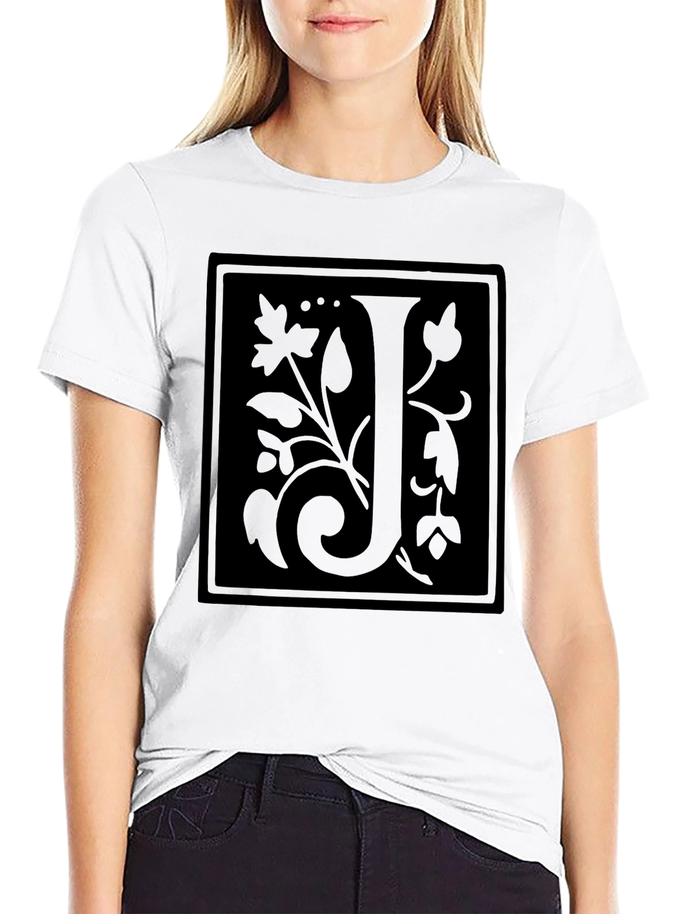 Floral Initial J Black T-Shirt