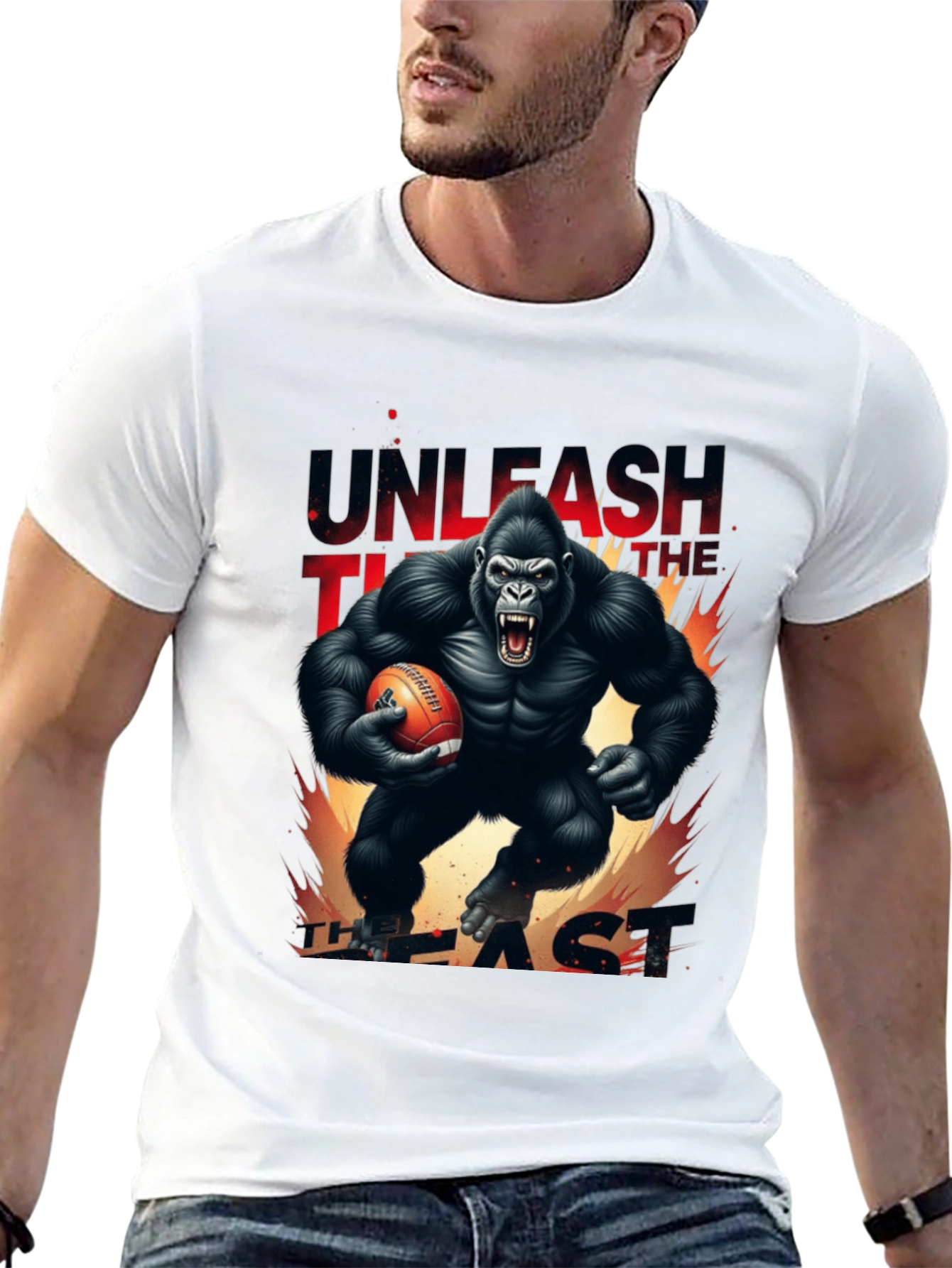 Unleash the Beast Gorilla Football Graphic T-Shirt