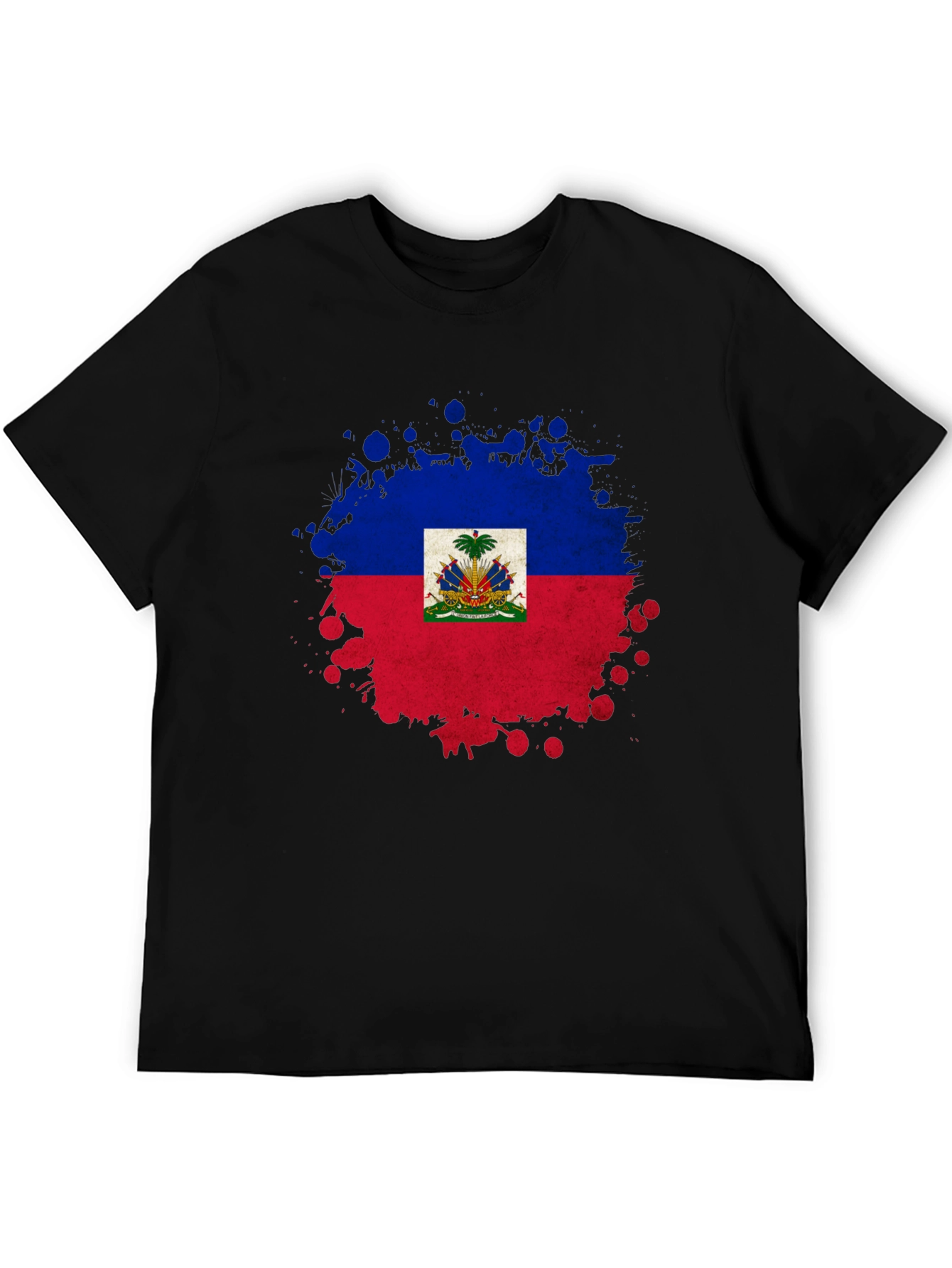 Haiti Flag Splatter Print Black T-Shirt