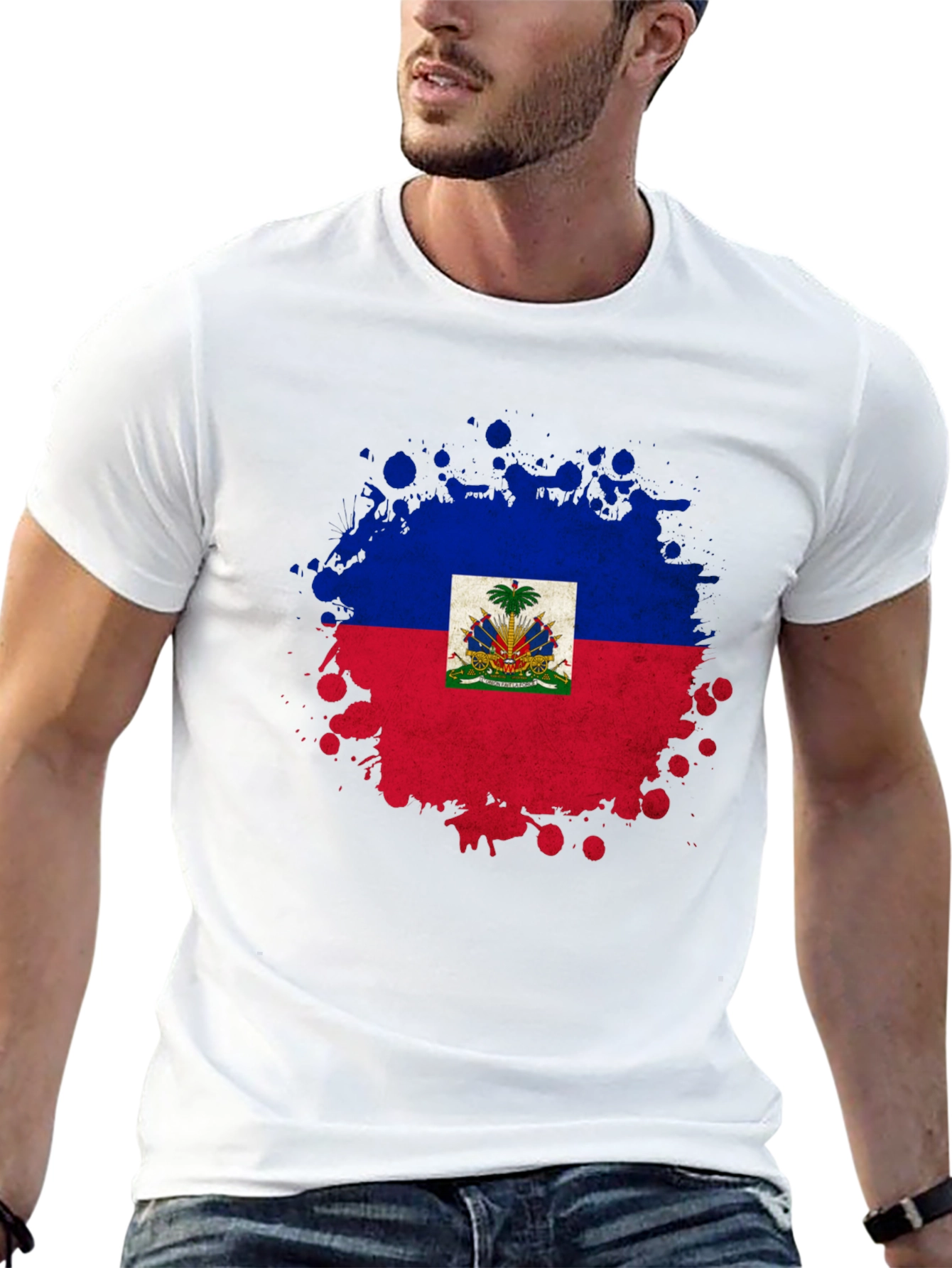 Haiti Flag Splatter Print Black T-Shirt