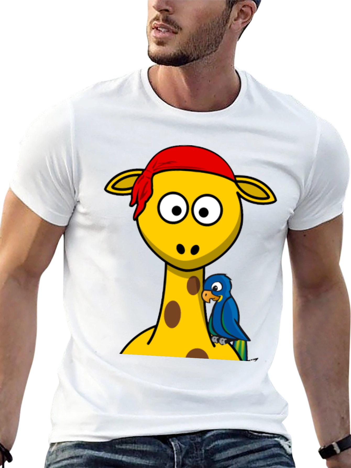 Giraffe Pirate Parrot Graphic Tee - Black Cotton T-Shirt