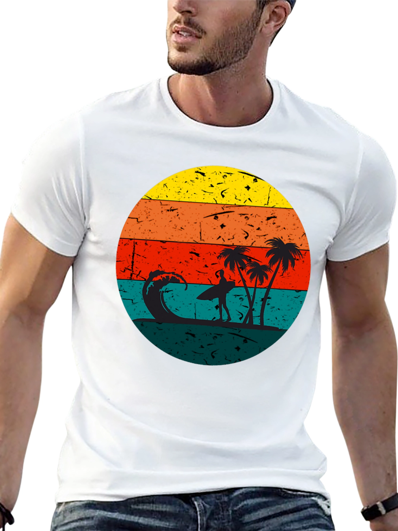 Retro Sunset Surfer T-Shirt - Black