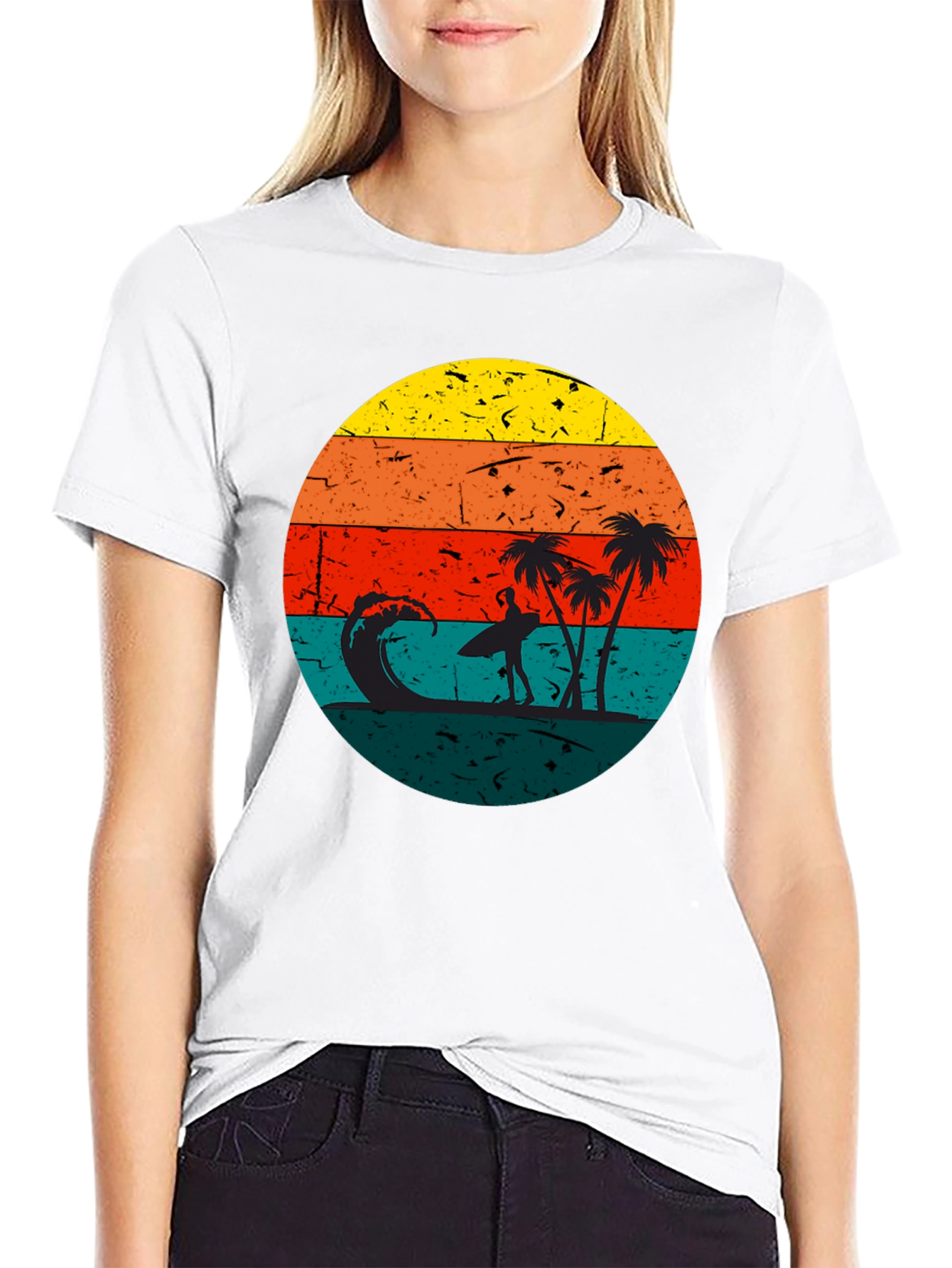 Retro Sunset Surfer T-Shirt - Black