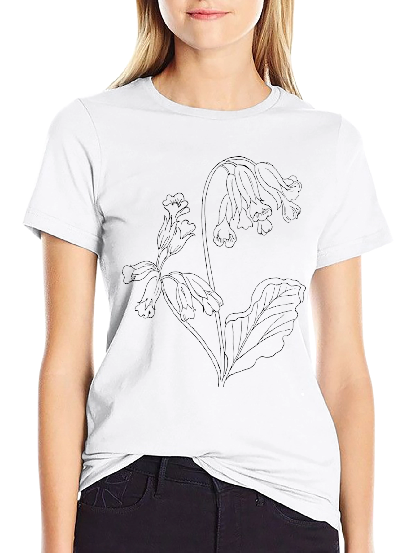 Black Floral Line Art T-Shirt