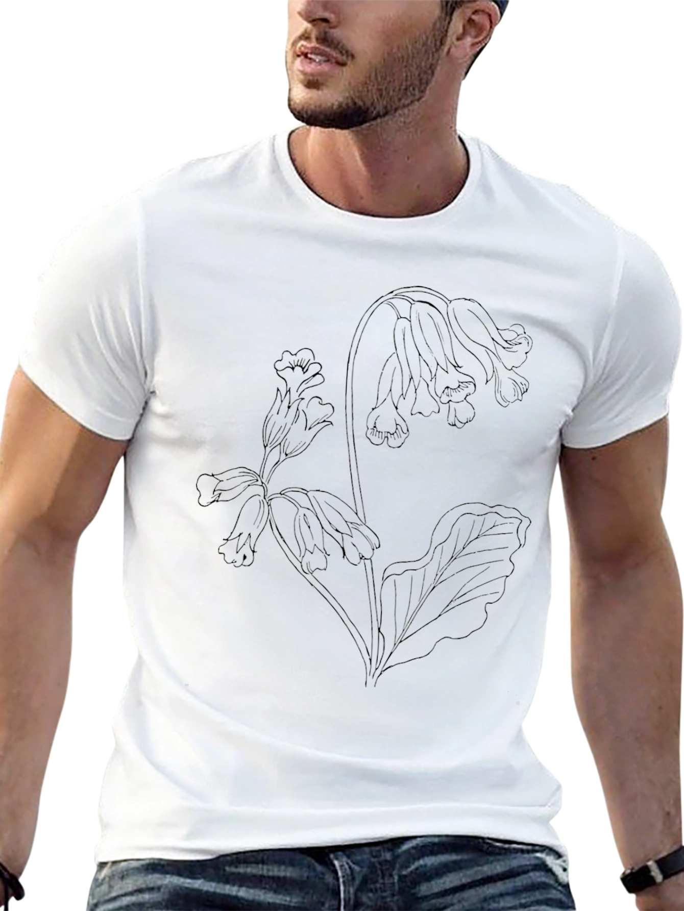 Black Floral Line Art T-Shirt