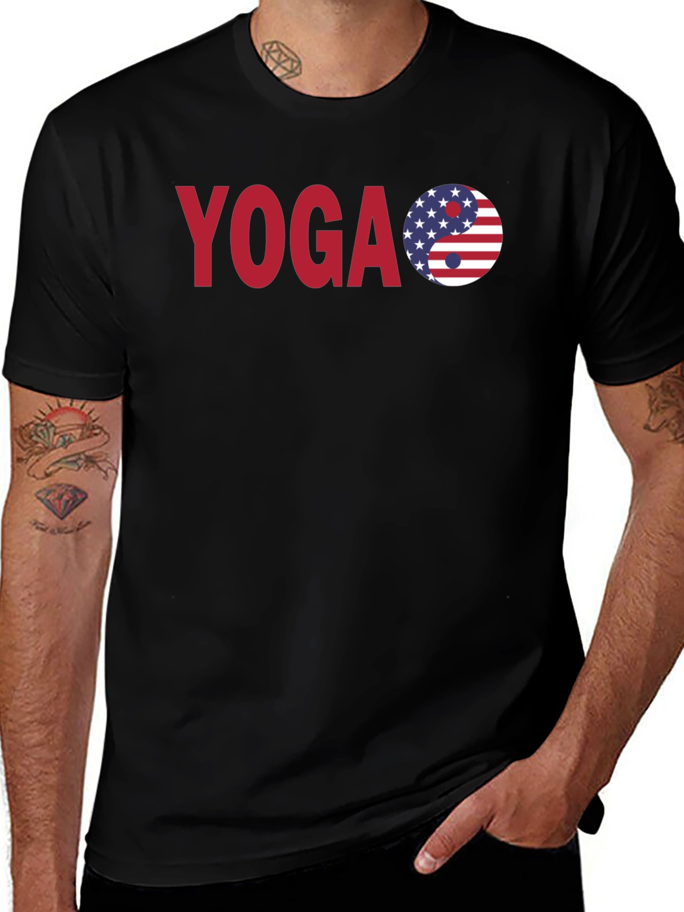 Yoga Yin Yang USA Flag Graphic Black T-Shirt