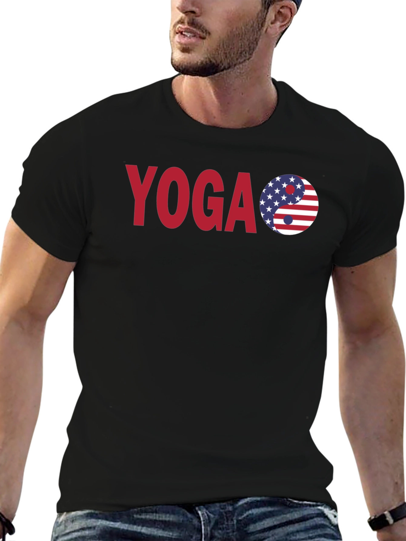 Yoga Yin Yang USA Flag Graphic Black T-Shirt