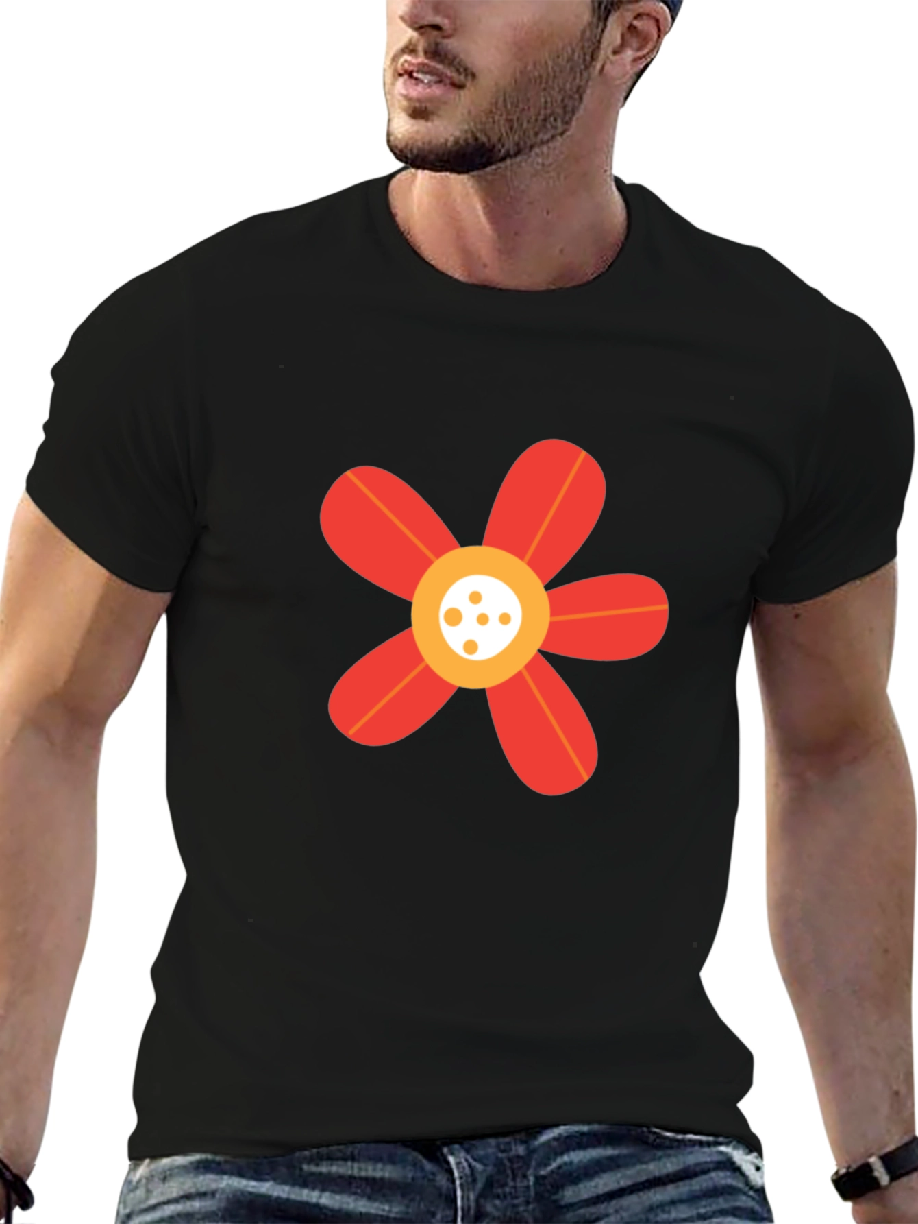 Black T-Shirt with Red Flower Graphic