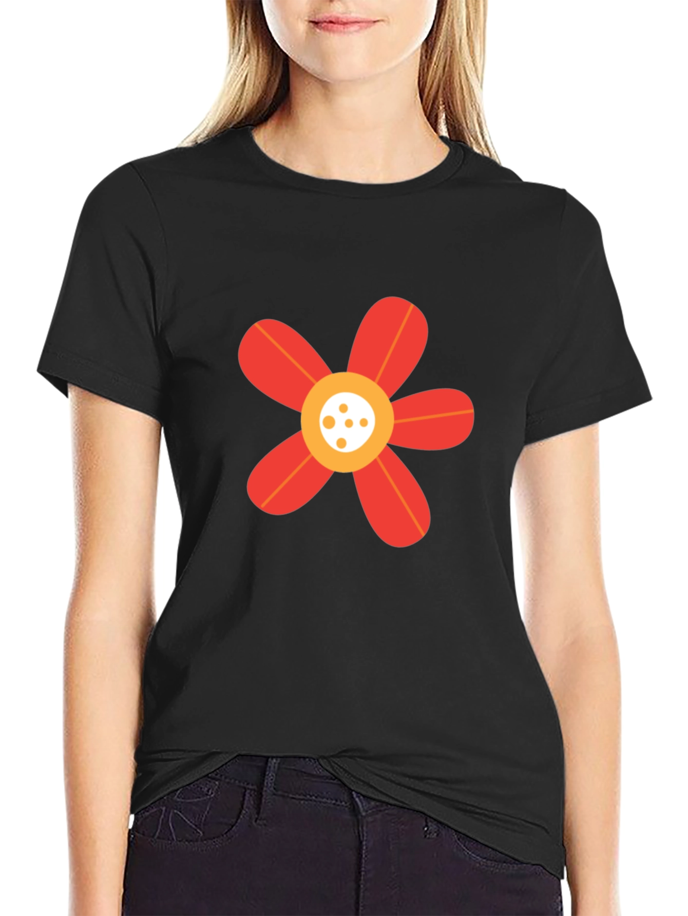 Black T-Shirt with Red Flower Graphic