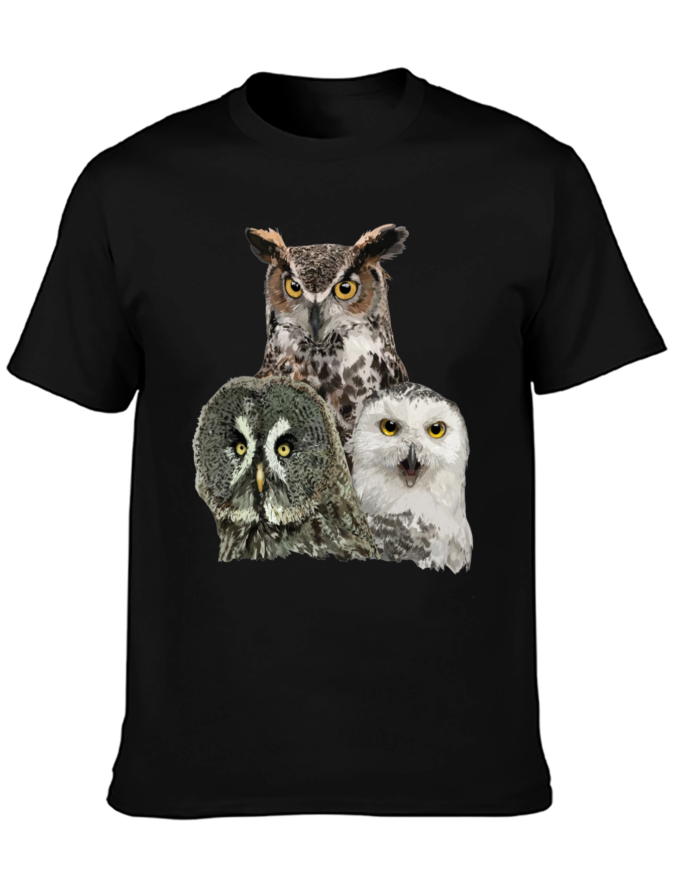 Owl Trio Graphic Tee - Black Cotton T-Shirt