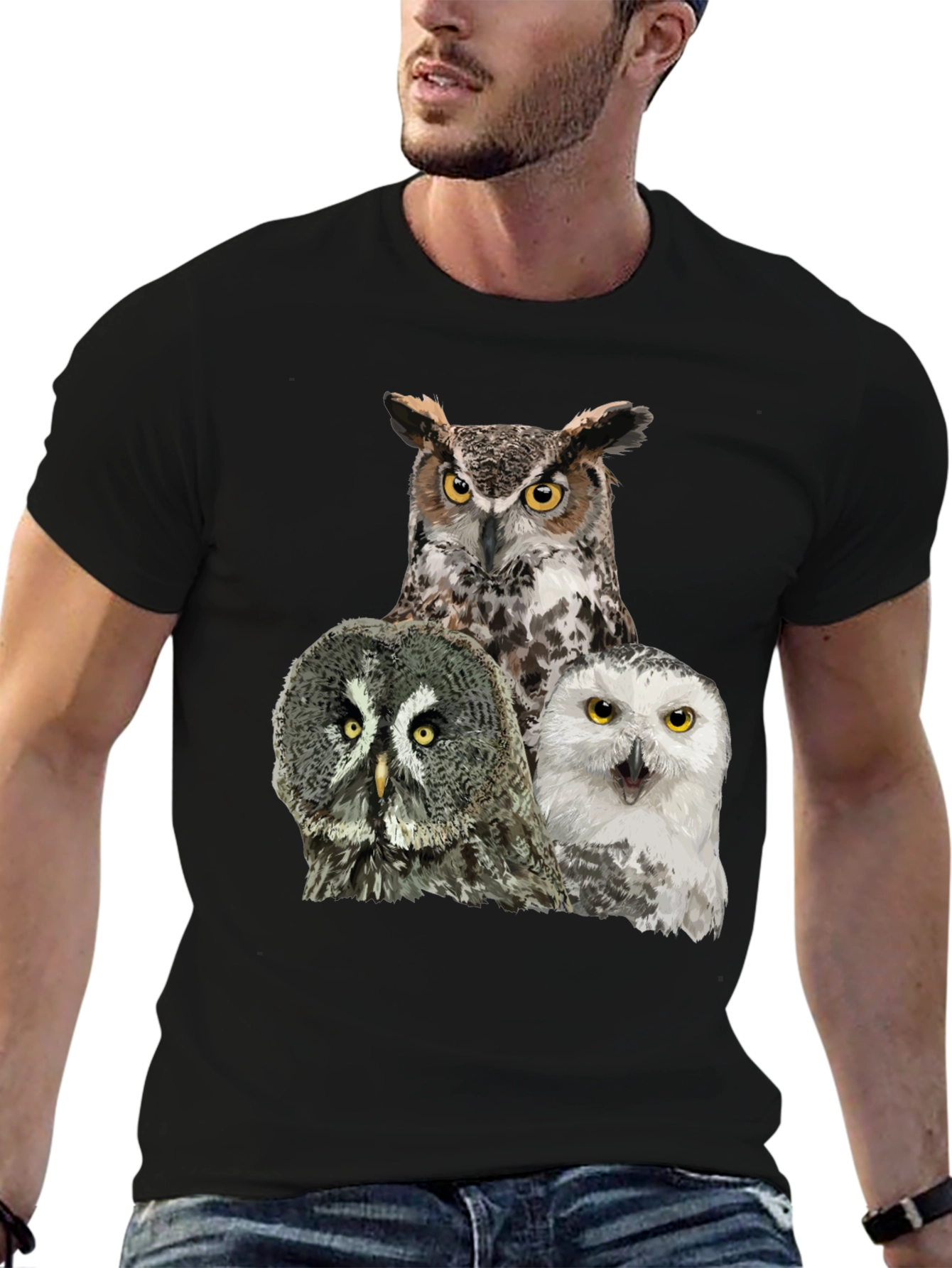 Owl Trio Graphic Tee - Black Cotton T-Shirt