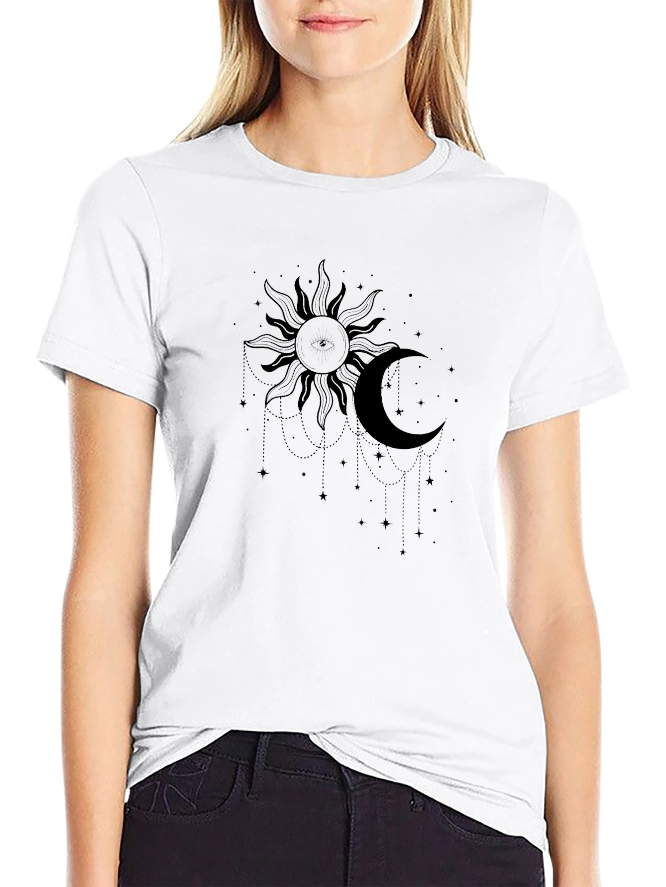 Celestial Sun and Moon Graphic Tee - Black