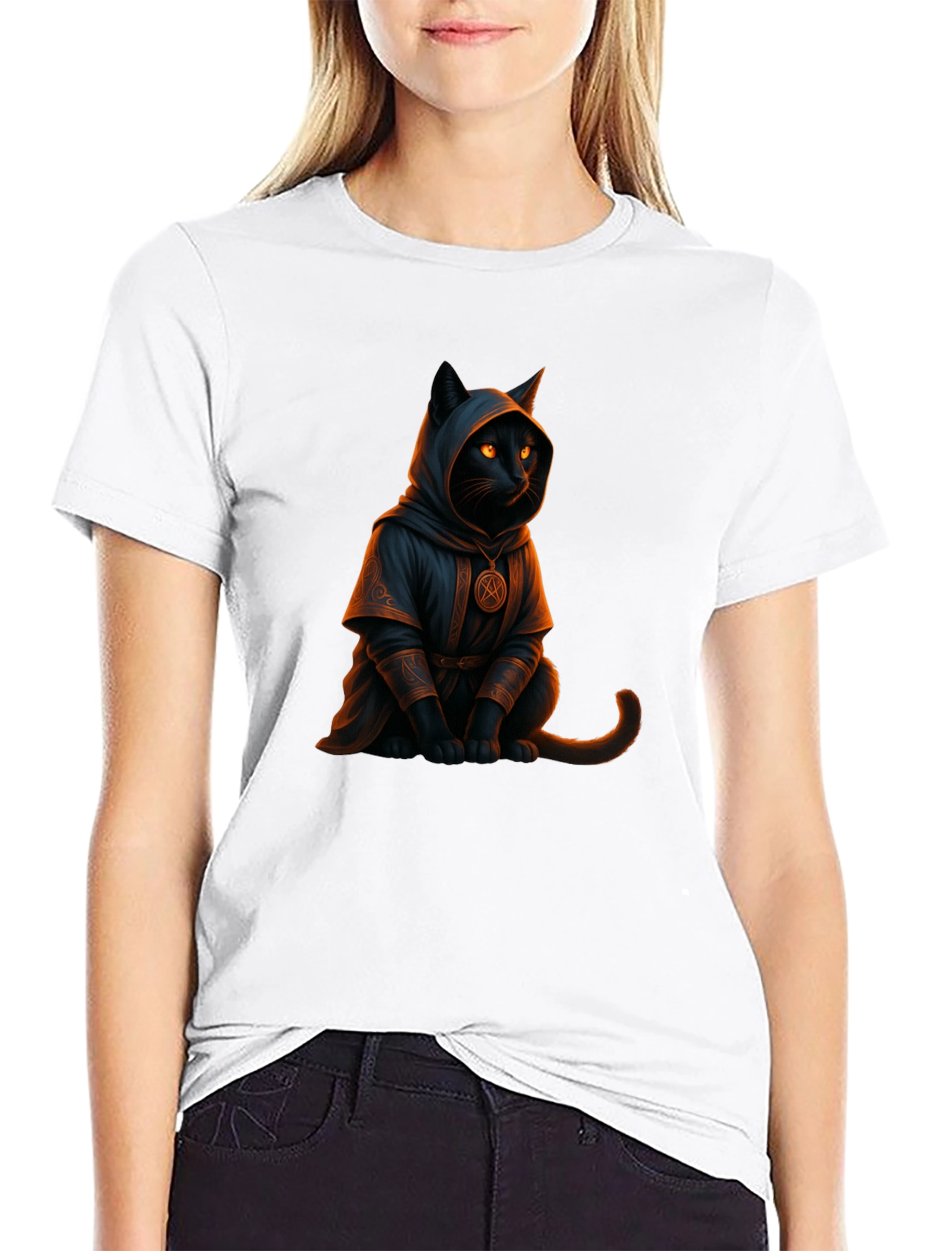 Wizard Cat Graphic Tee - Black Cotton T-Shirt