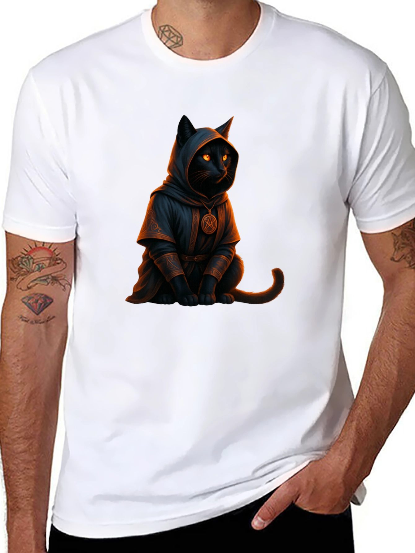 Wizard Cat Graphic Tee - Black Cotton T-Shirt