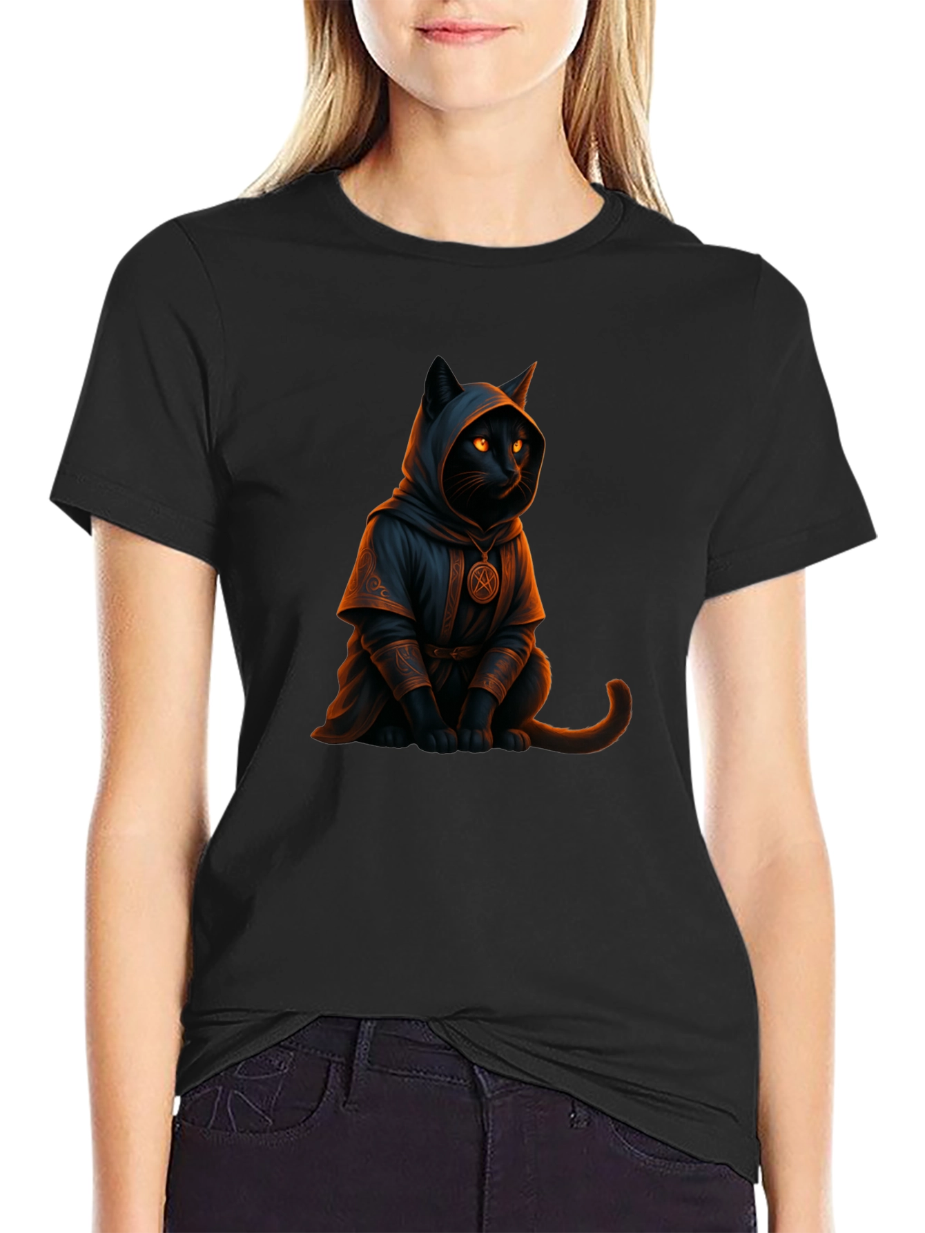 Wizard Cat Graphic Tee - Black Cotton T-Shirt