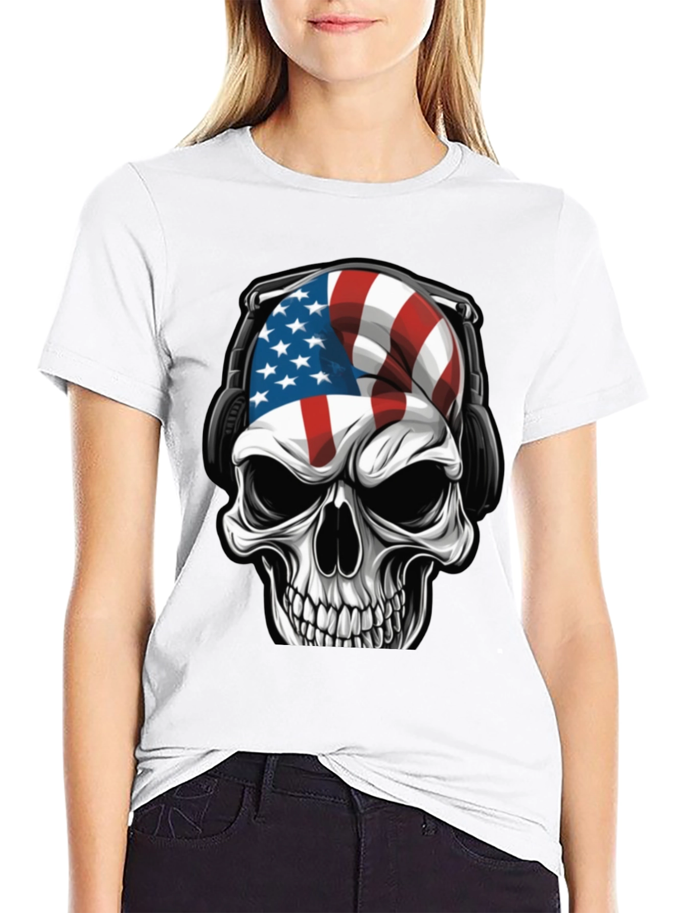 American Flag Skull Headphone T-Shirt