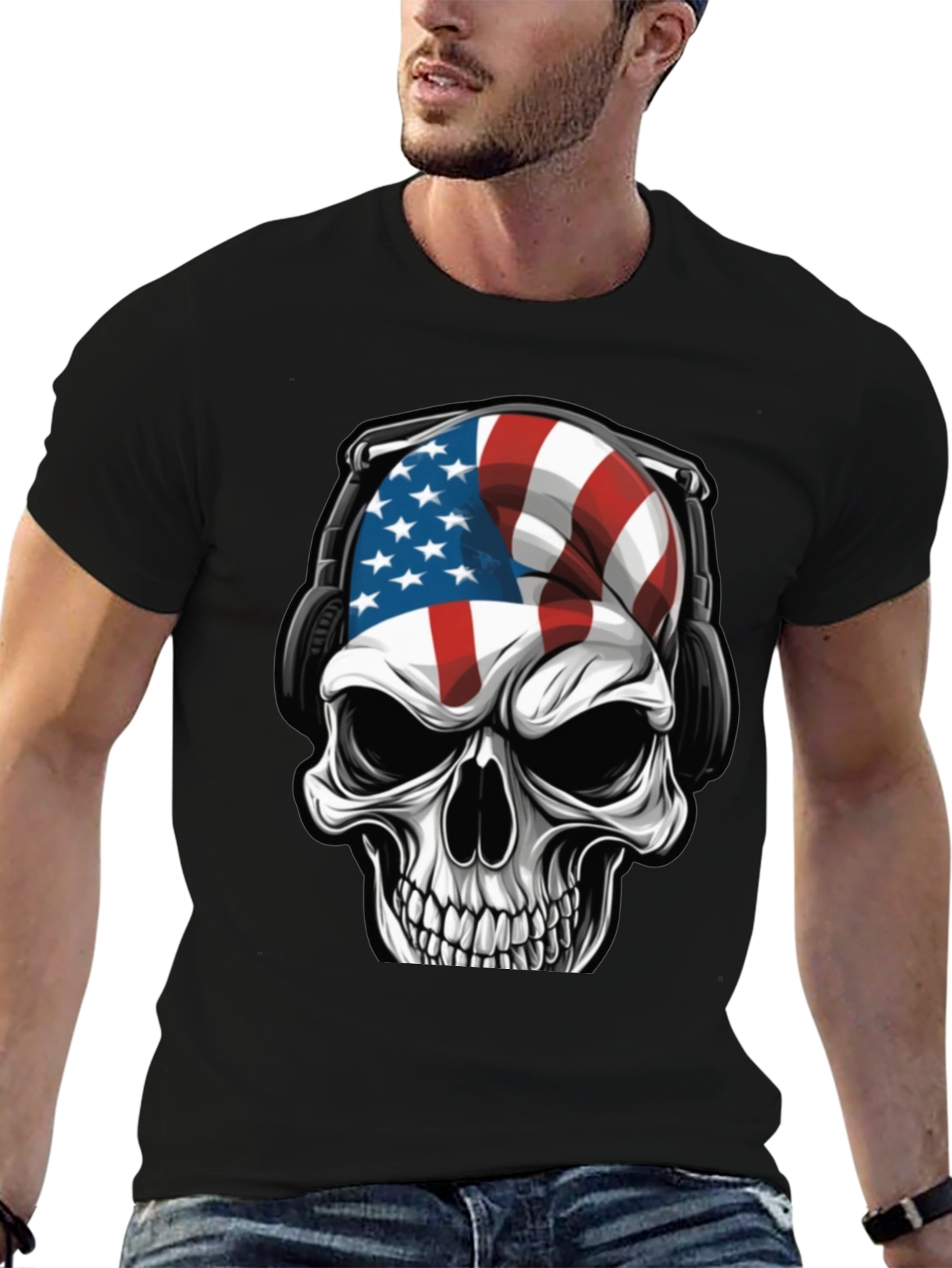 American Flag Skull Headphone T-Shirt