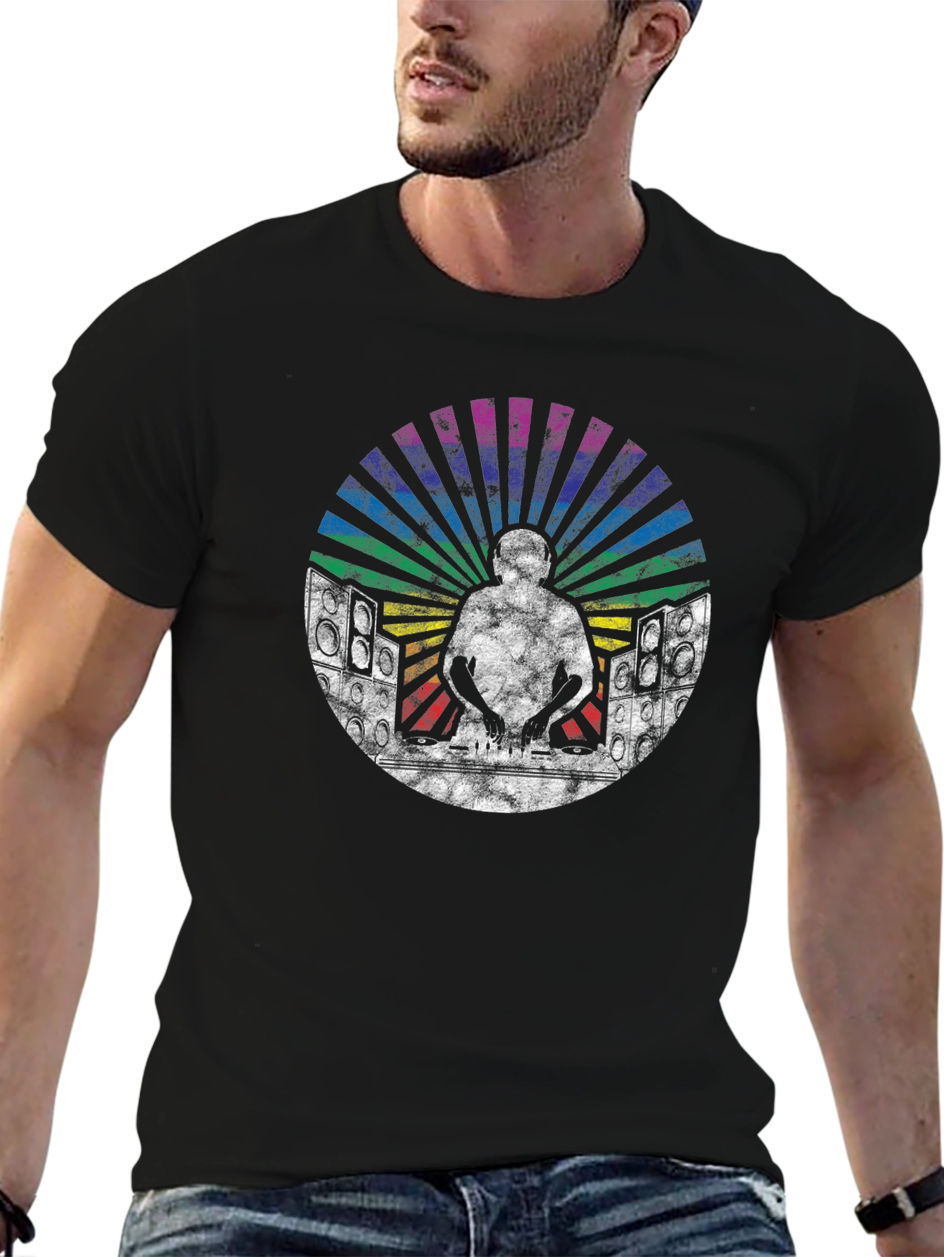 Retro DJ T-Shirt with Rainbow Graphics