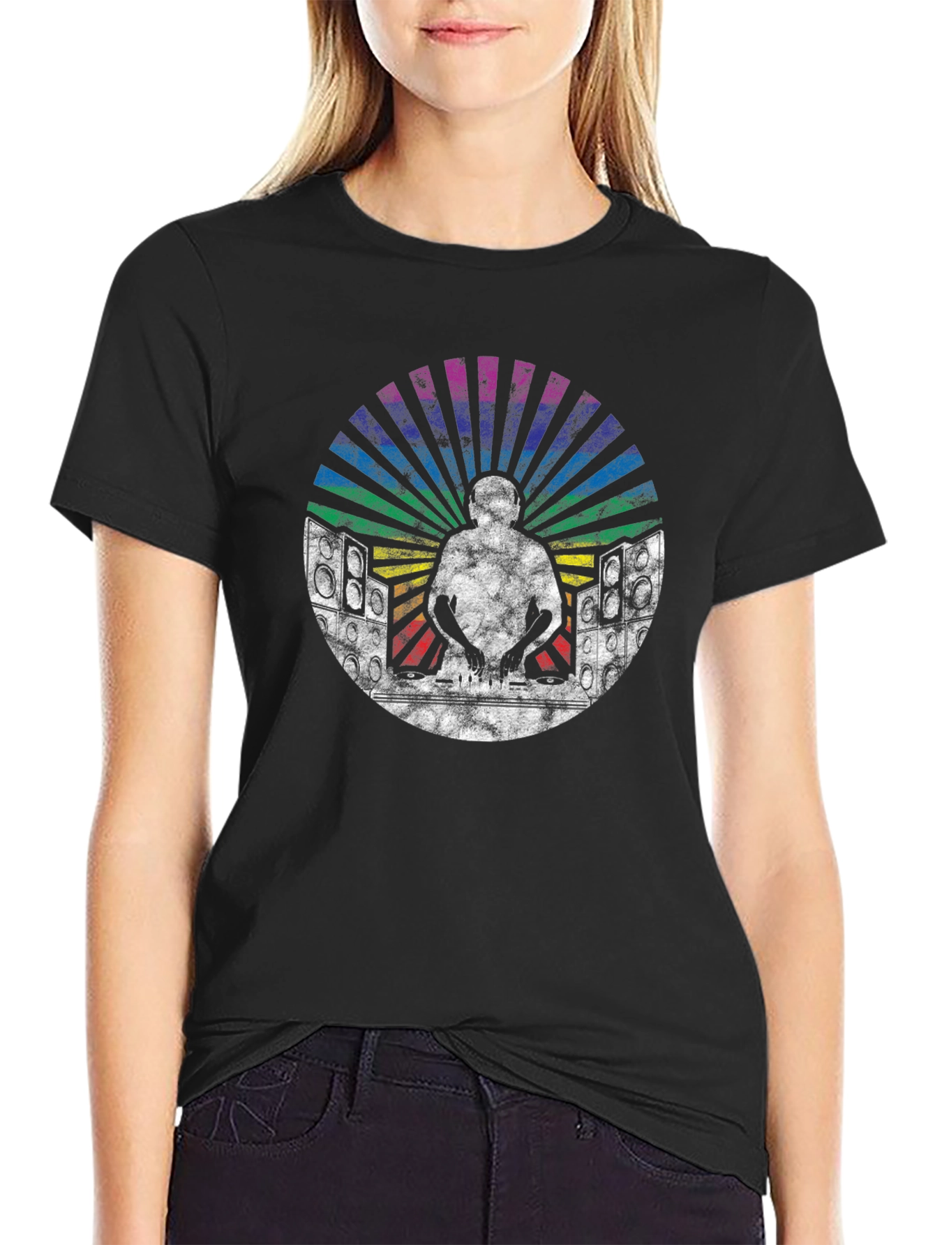 Retro DJ T-Shirt with Rainbow Graphics