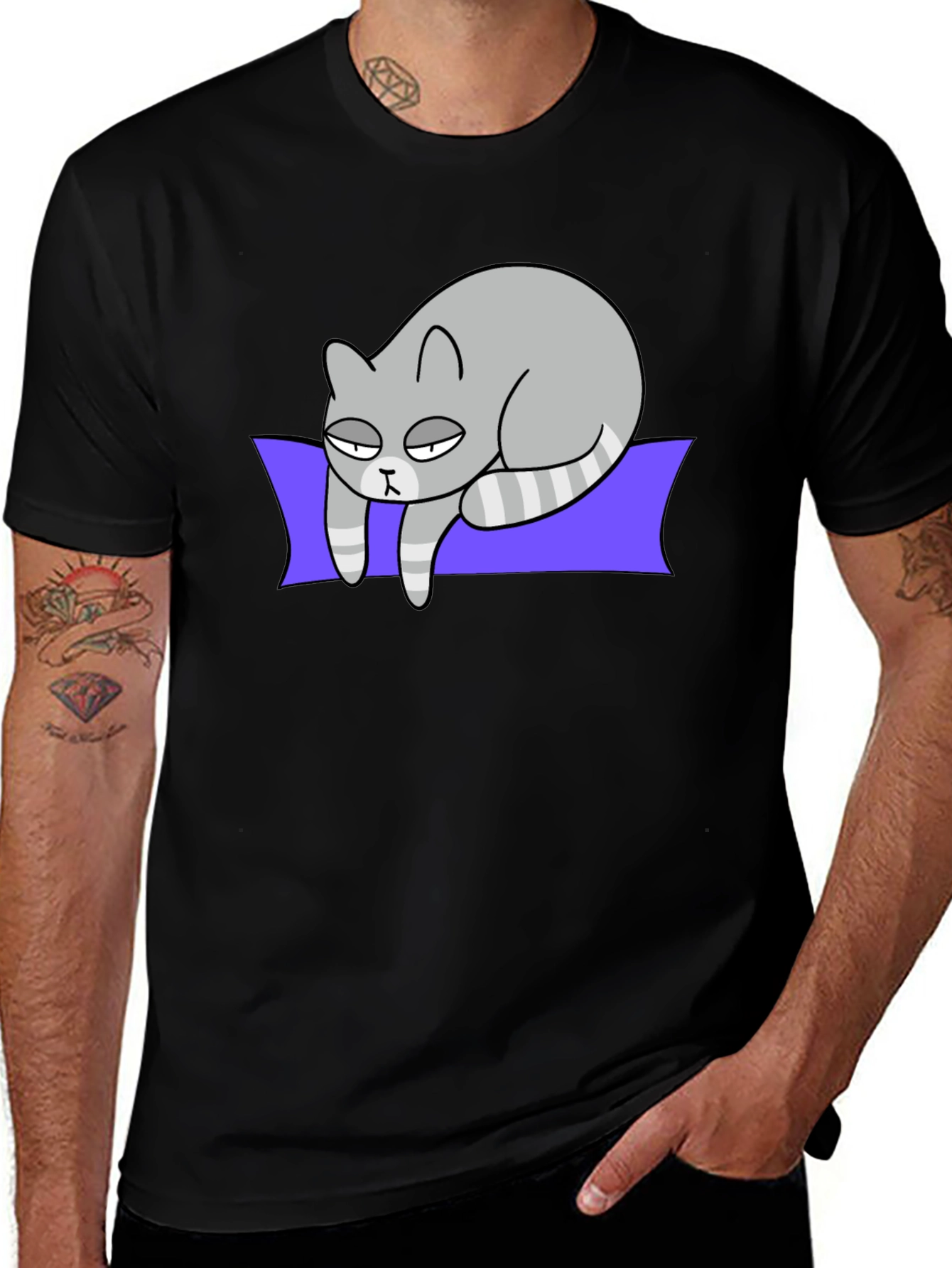 Lazy Cat Graphic Tee - Black Cotton T-Shirt