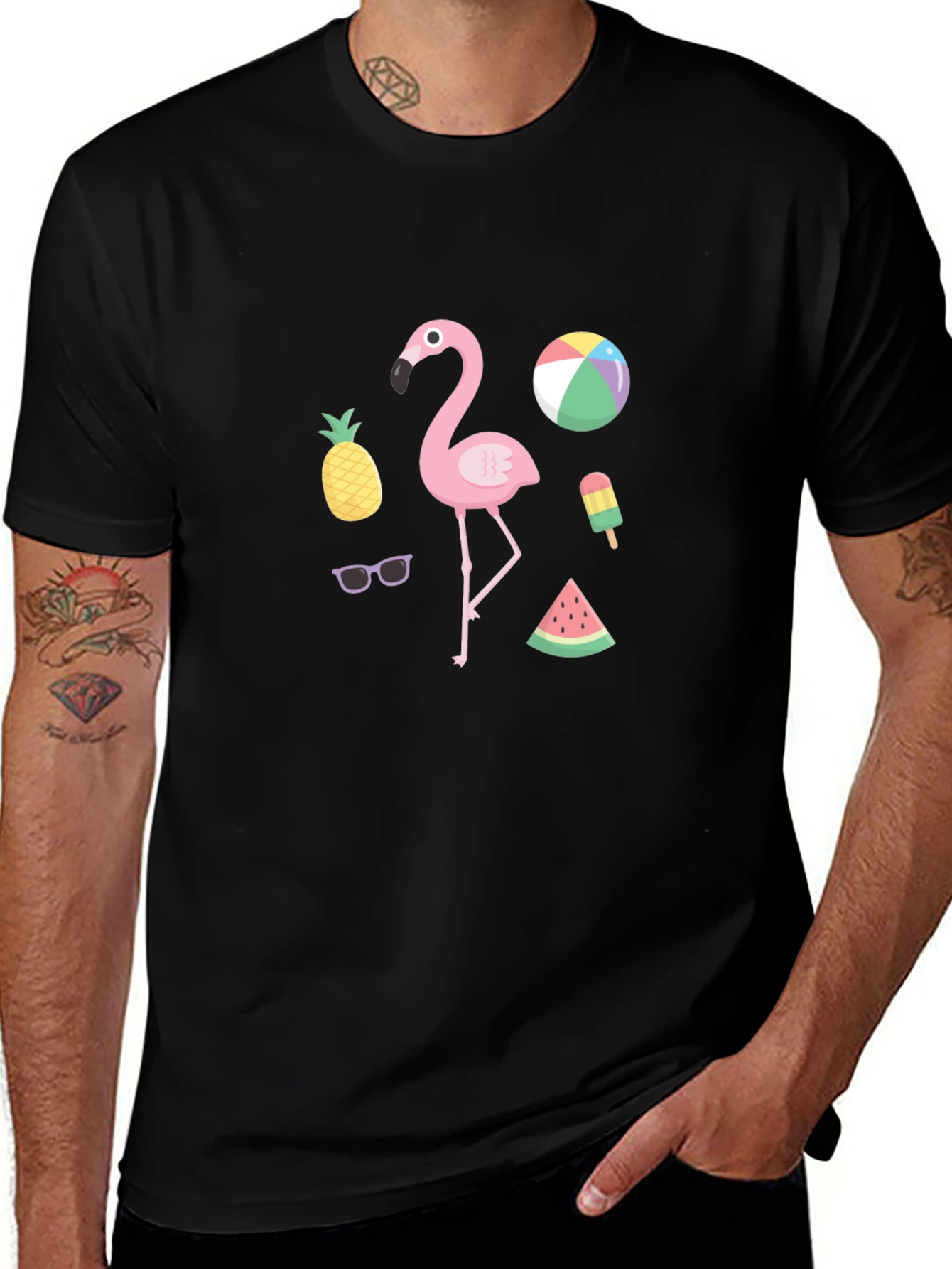 Summer Fun Graphic Tee - Flamingo & Fruit Design