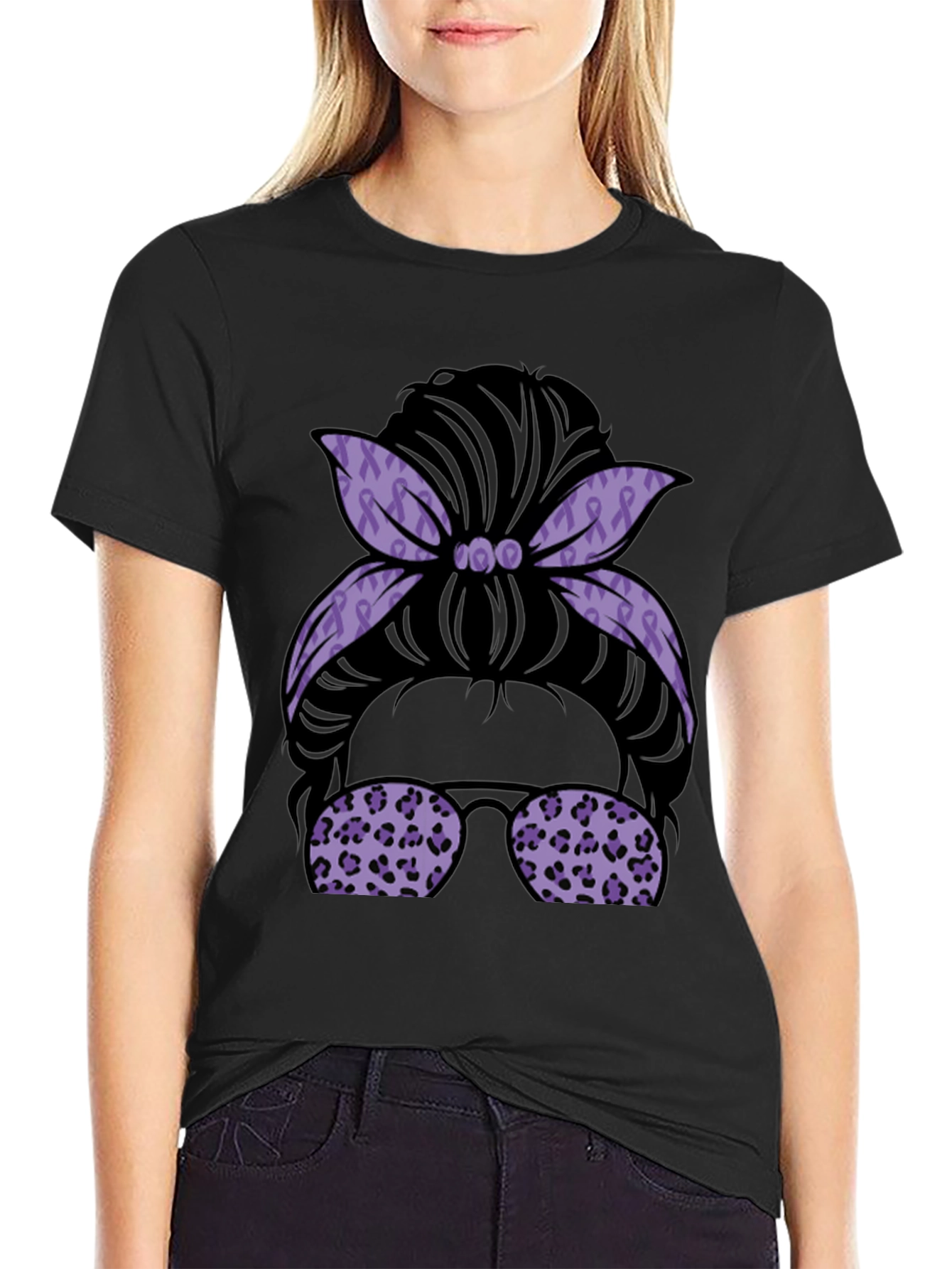Purple Ribbon Messy Bun Graphic Tee