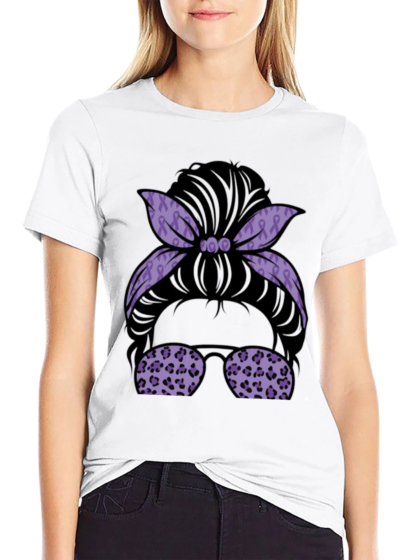 Purple Ribbon Messy Bun Graphic Tee