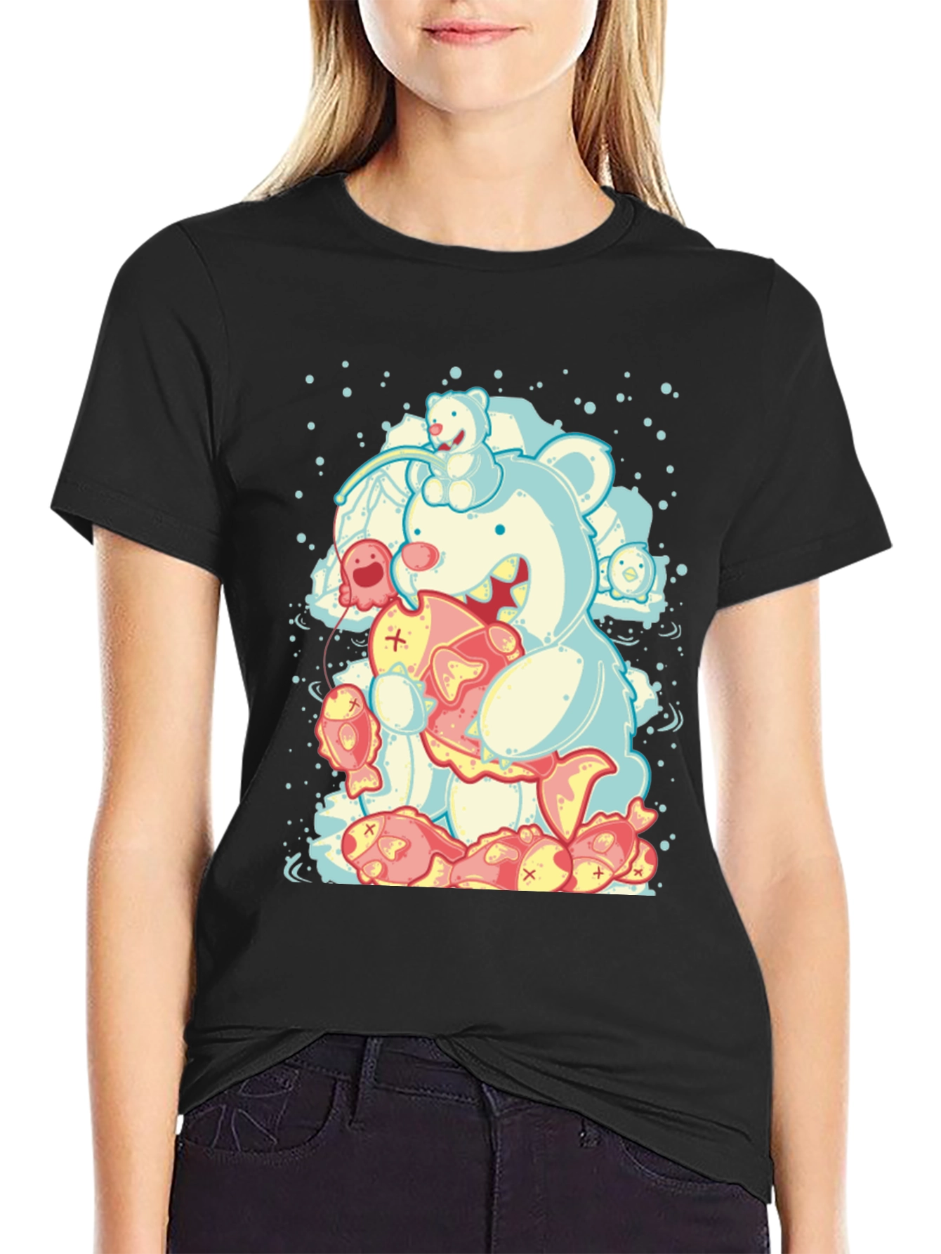 Bear Eating Fish Graphic T-Shirt
