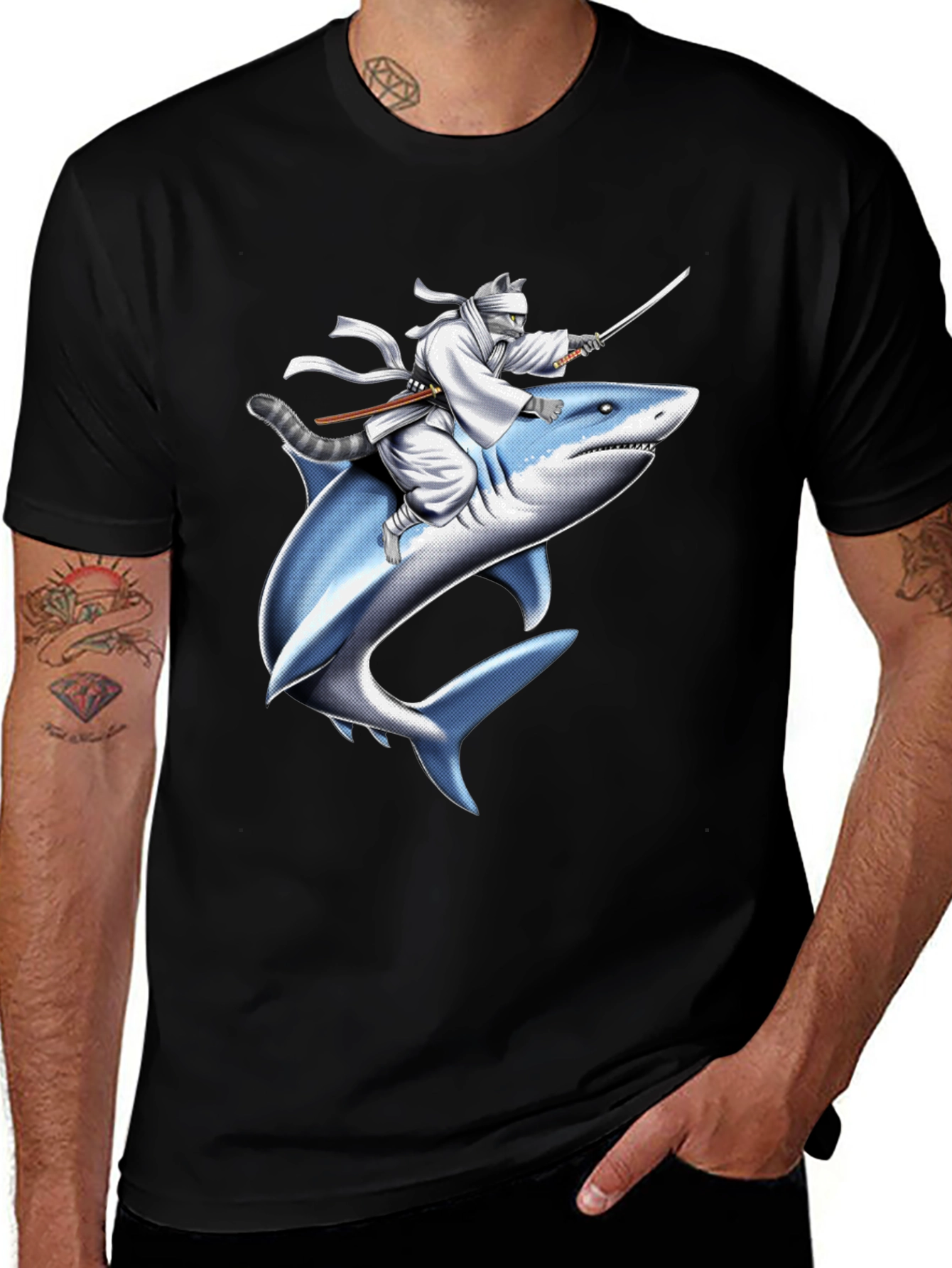 Ninja Cat Riding Shark T-Shirt