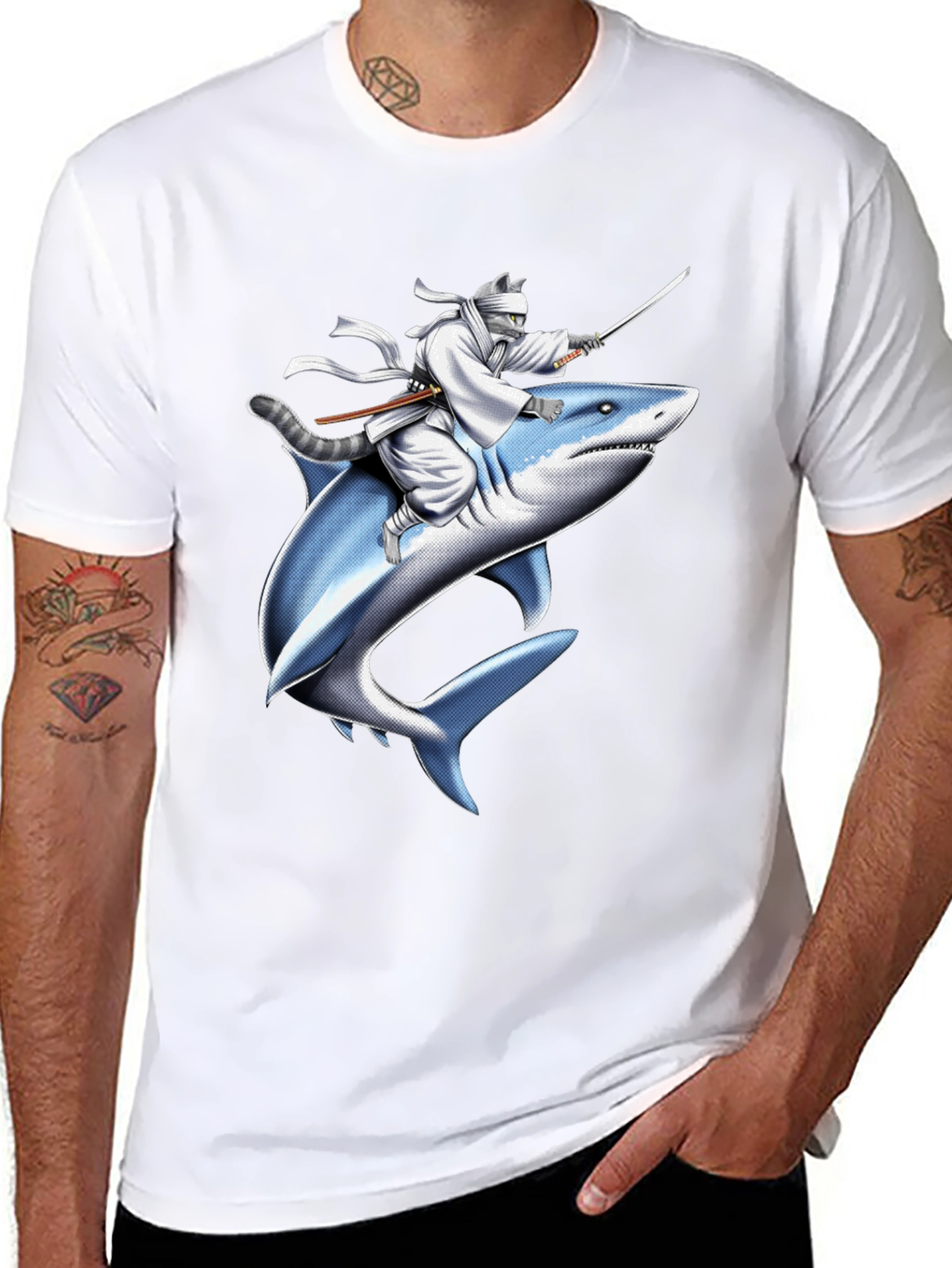 Ninja Cat Riding Shark T-Shirt