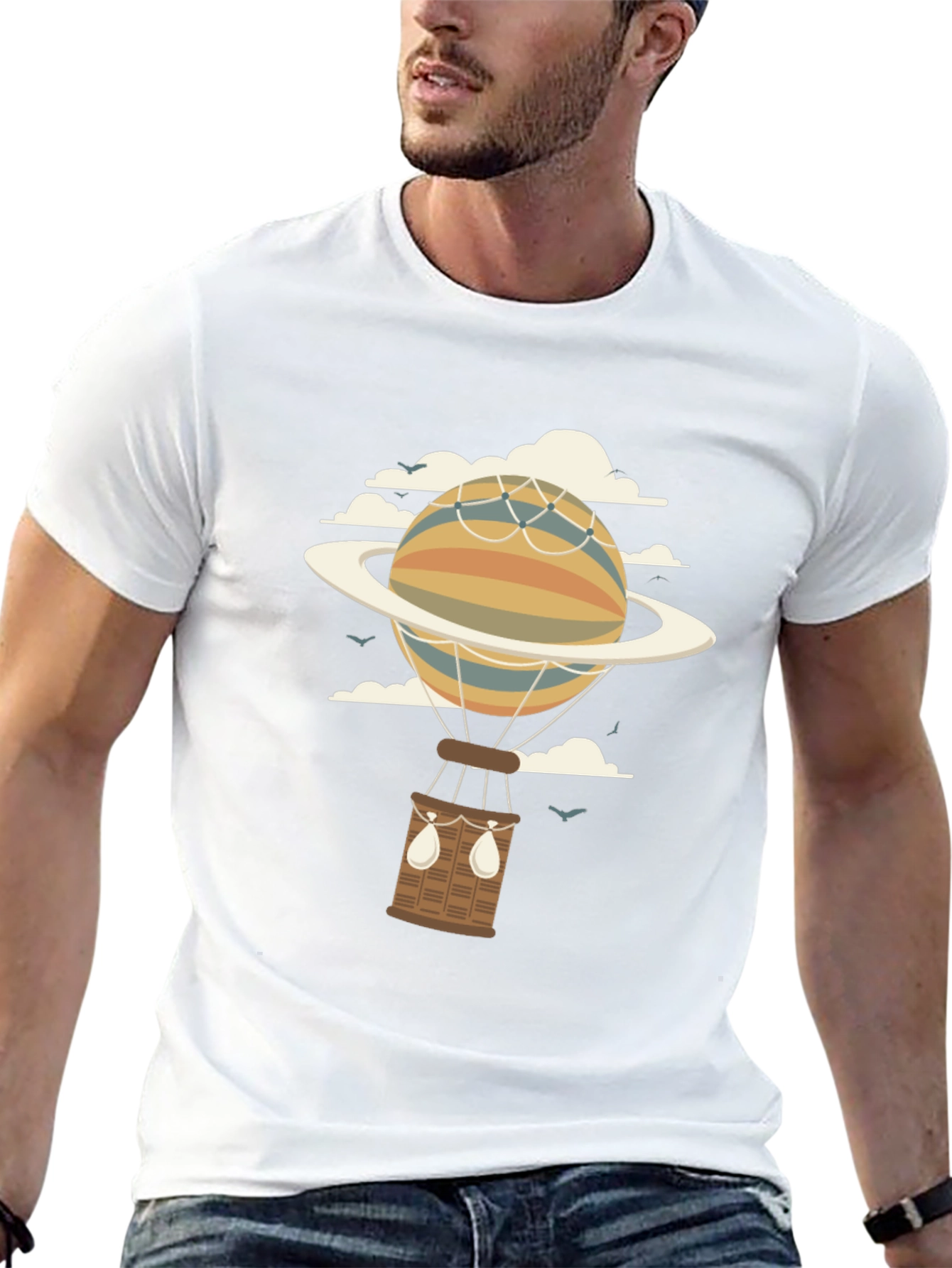 Retro Planet Hot Air Balloon Graphic T-Shirt