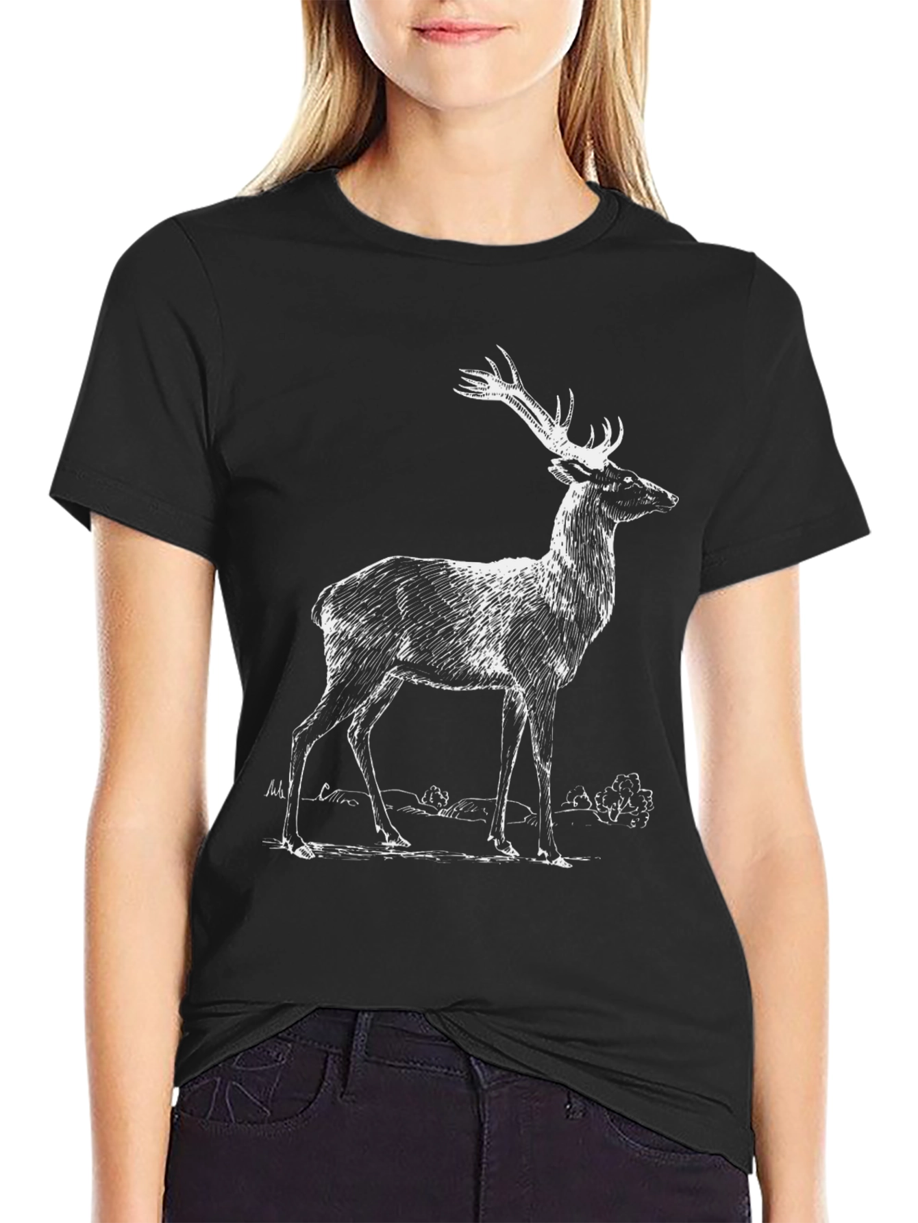 Deer Graphic Print Black T-Shirt