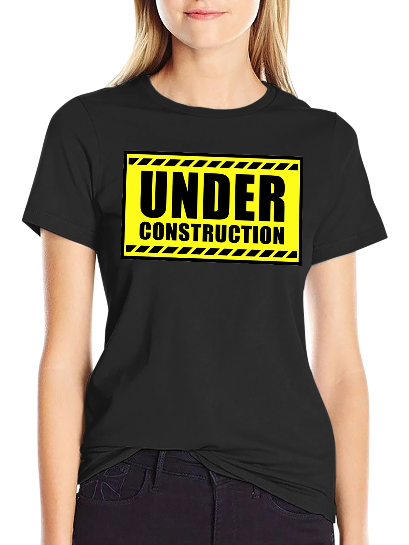 Under Construction Graphic Tee - Black Cotton Crew Neck
