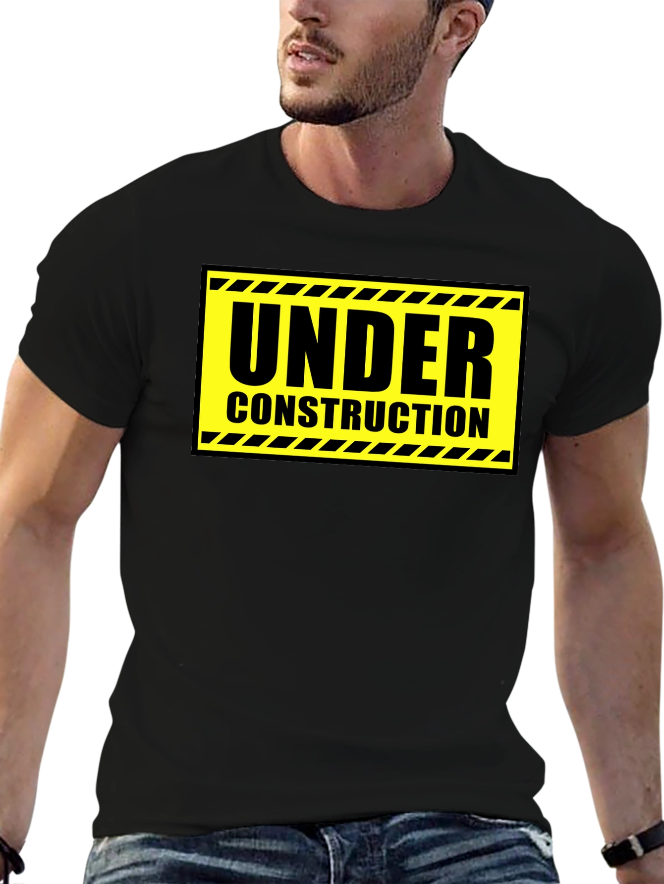 Under Construction Graphic Tee - Black Cotton Crew Neck