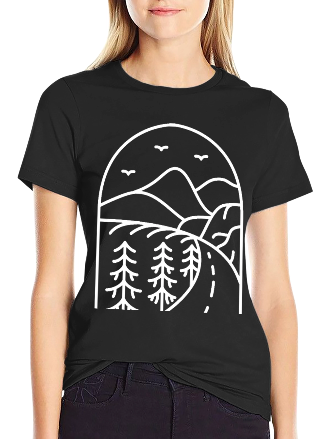 Minimalist Mountain Road Trip Black Tee