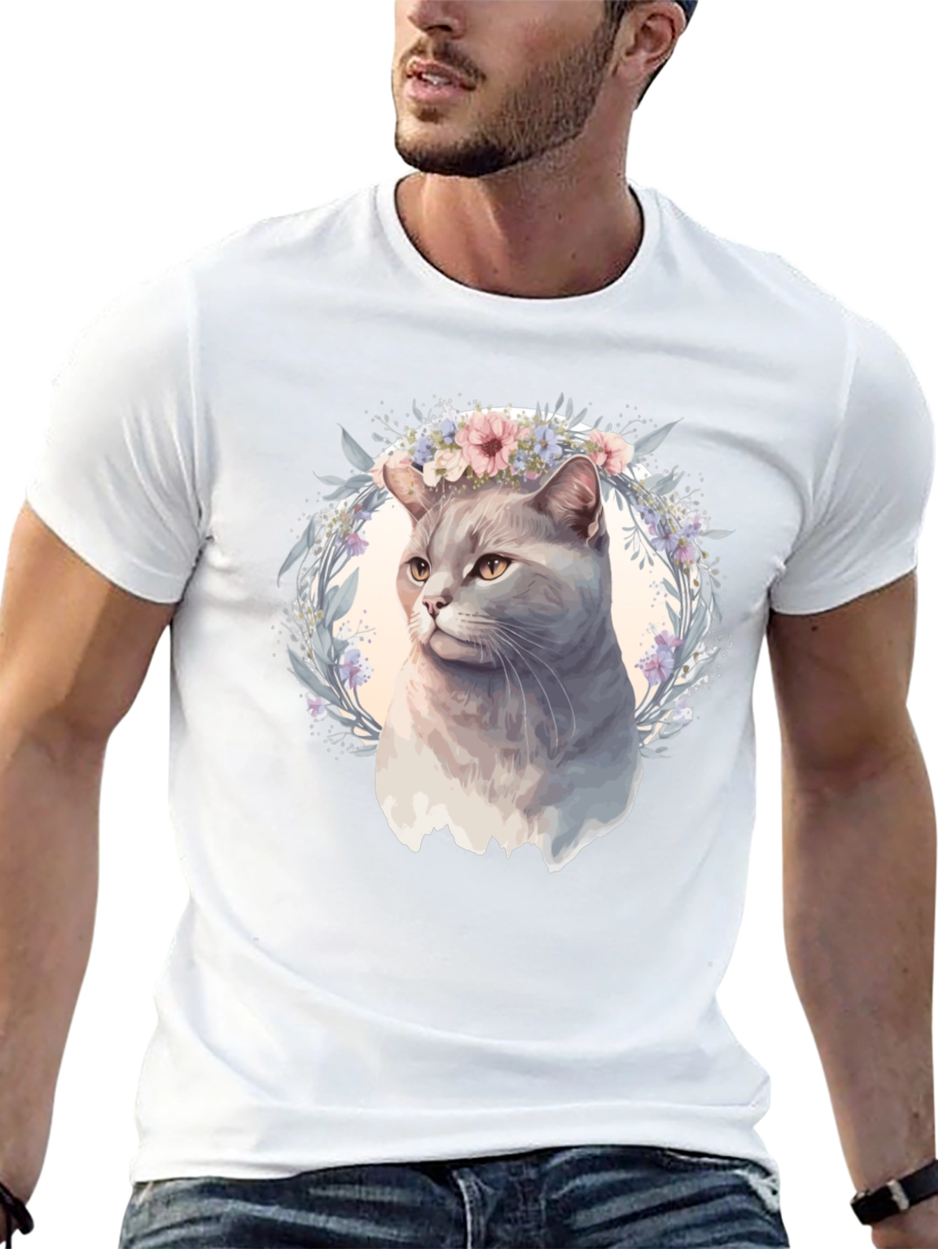 Cat with Floral Crown Graphic Tee