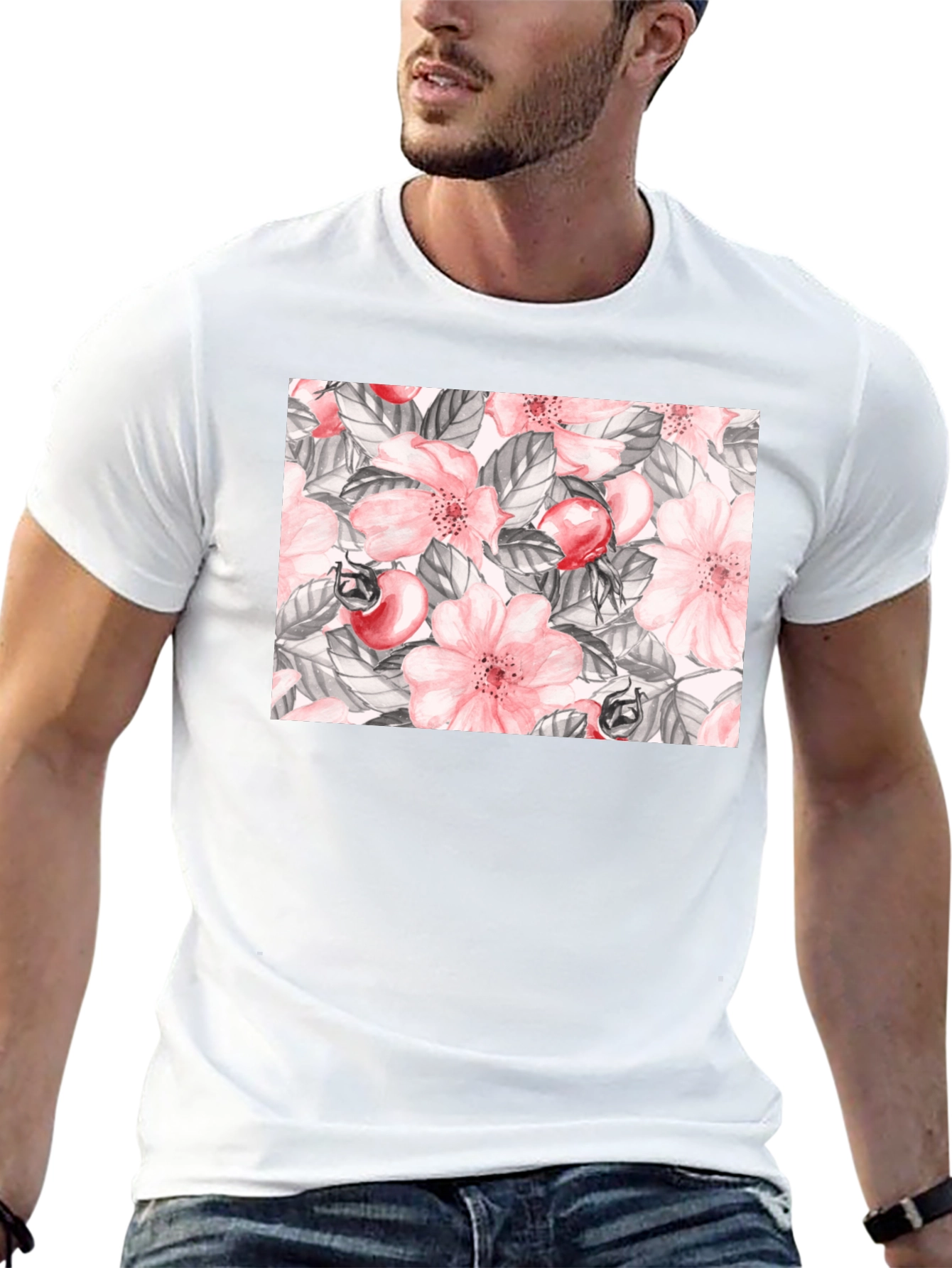 Floral Rose Hip Print Black T-Shirt