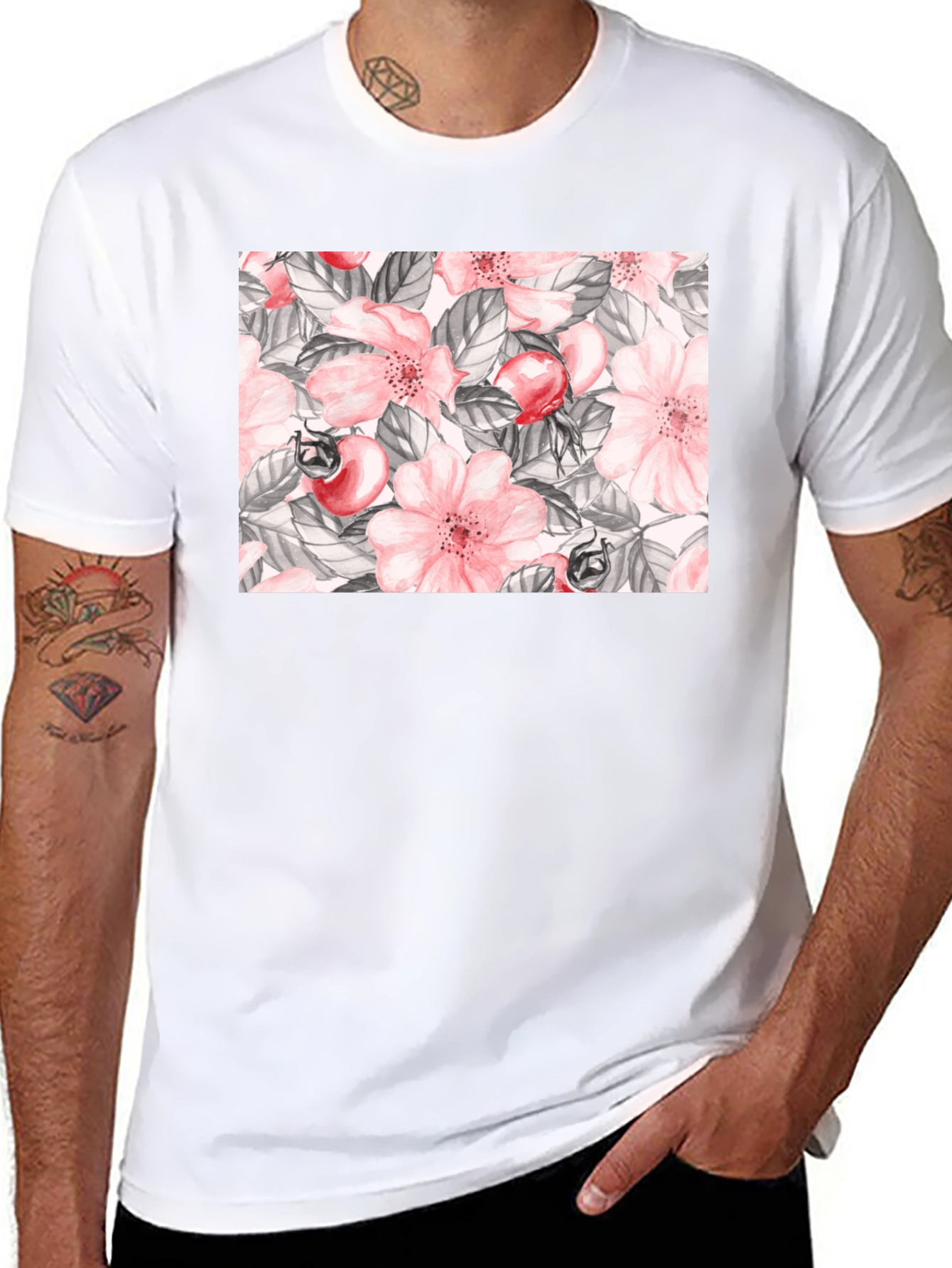 Floral Rose Hip Print Black T-Shirt