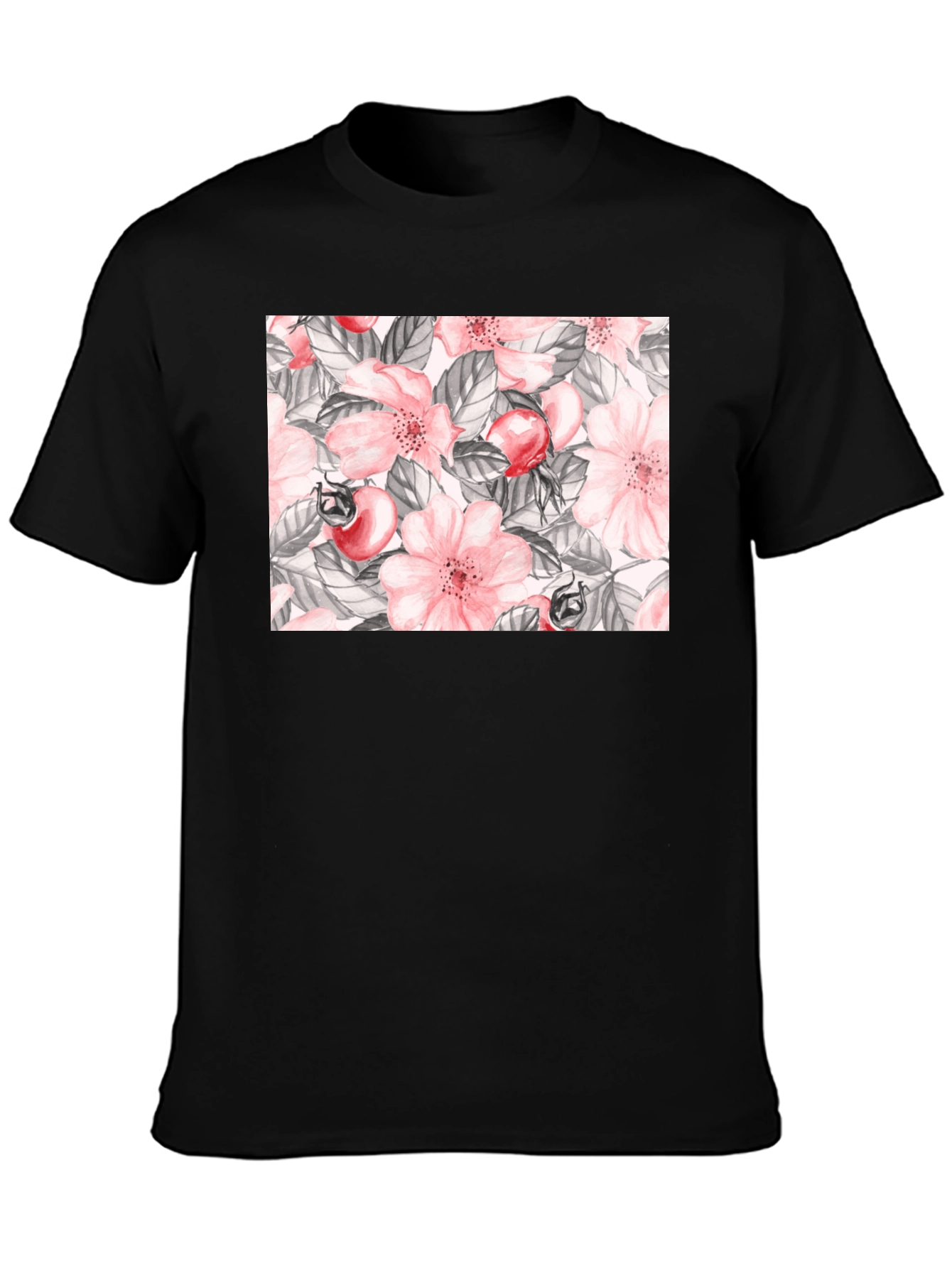 Floral Rose Hip Print Black T-Shirt