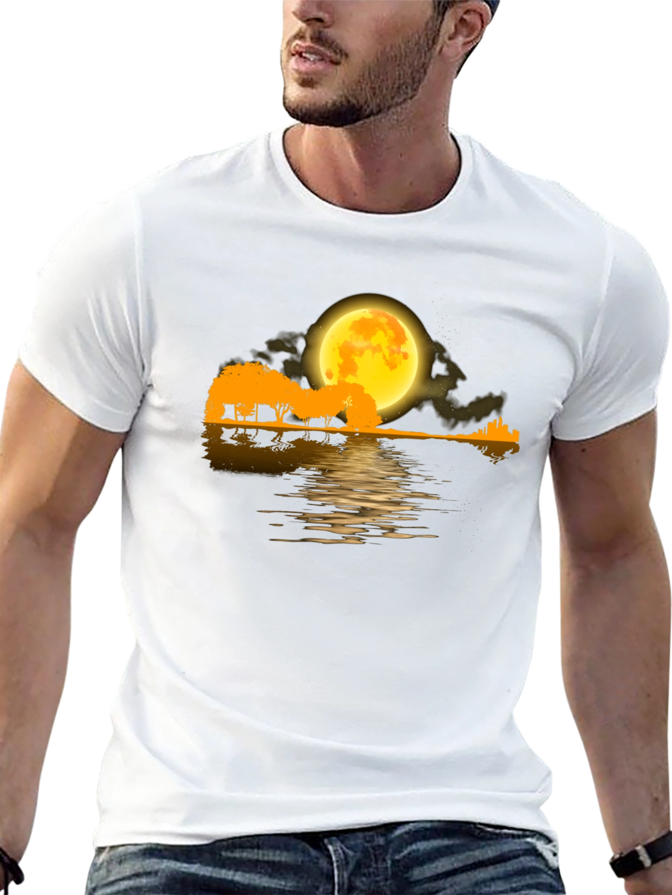 Moonlit Guitar Landscape Black T-Shirt