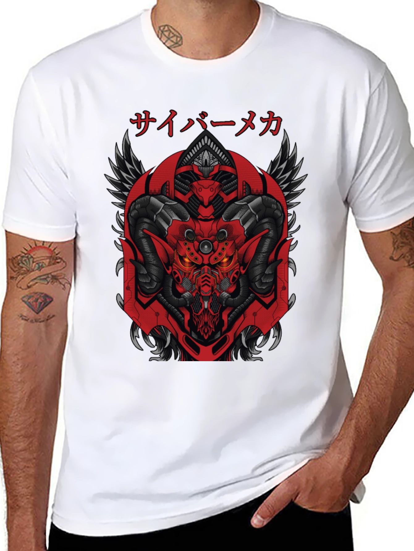 Cyber Mecha Demon Graphic Tee - Black
