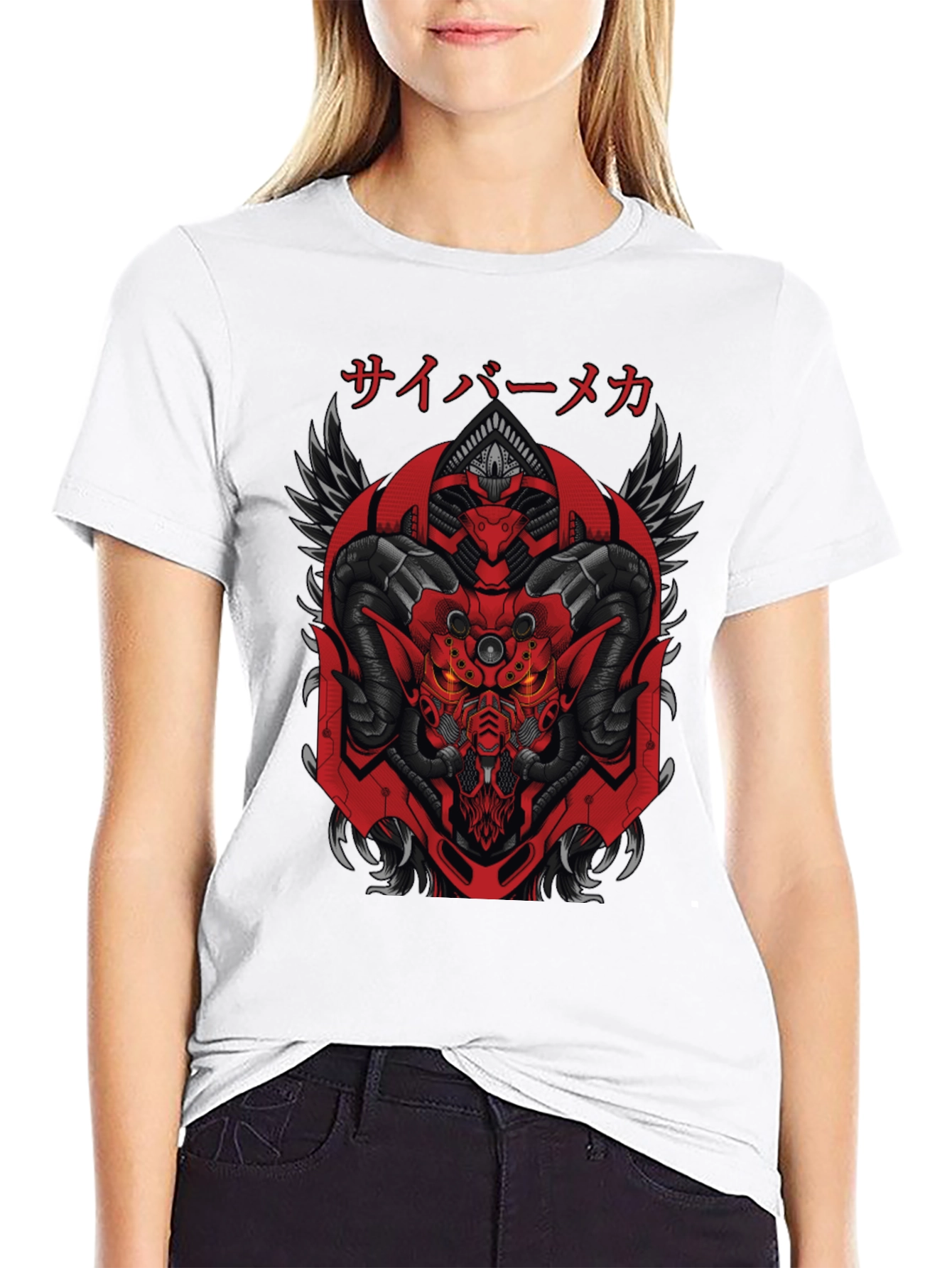 Cyber Mecha Demon Graphic Tee - Black